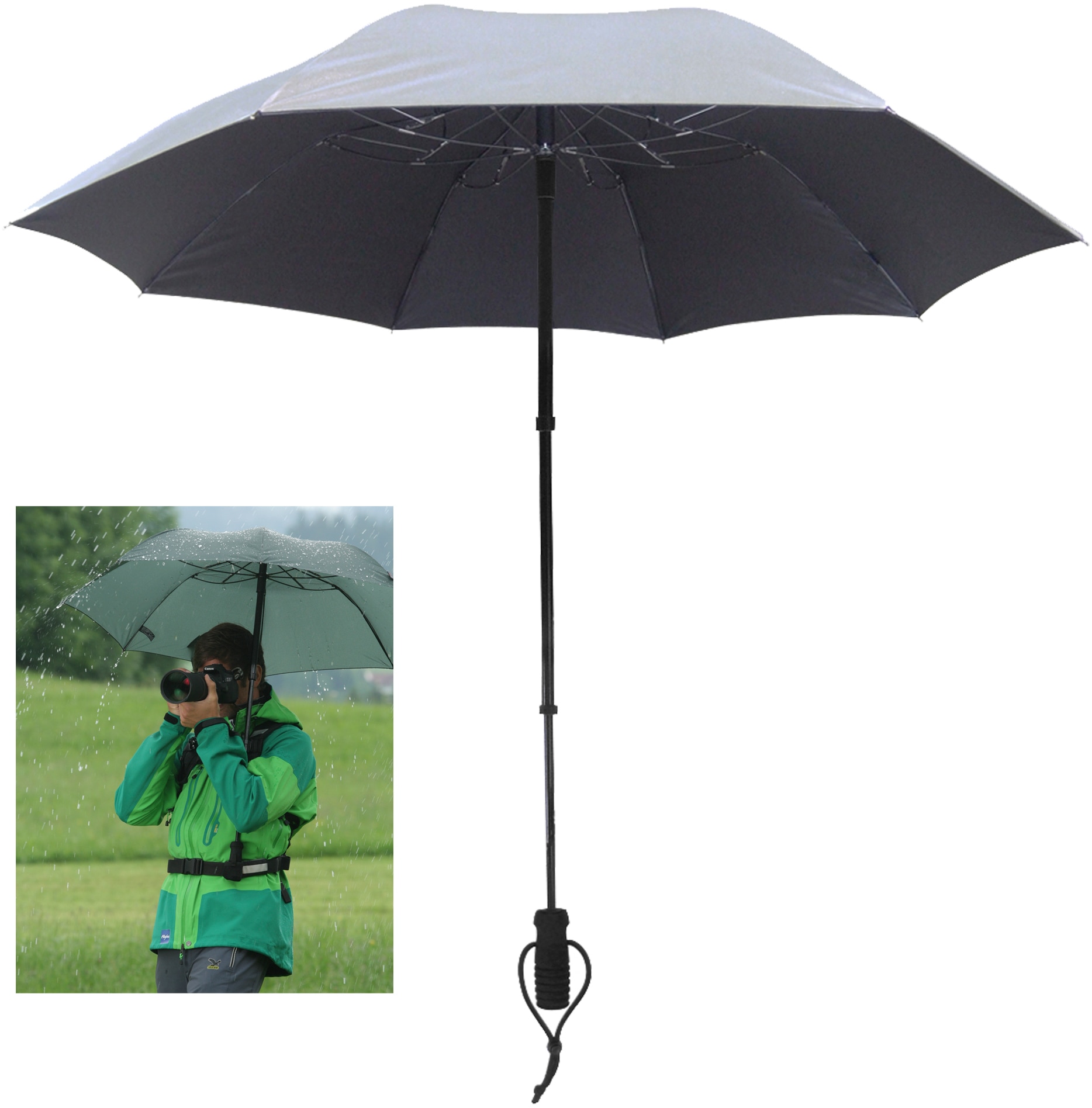 EuroSCHIRM® Taschenregenschirm »teleScope handsfree, silber«, zweifach ausziehbarer Schaft, handfrei tragbar und mit UV-Schutz 50+
