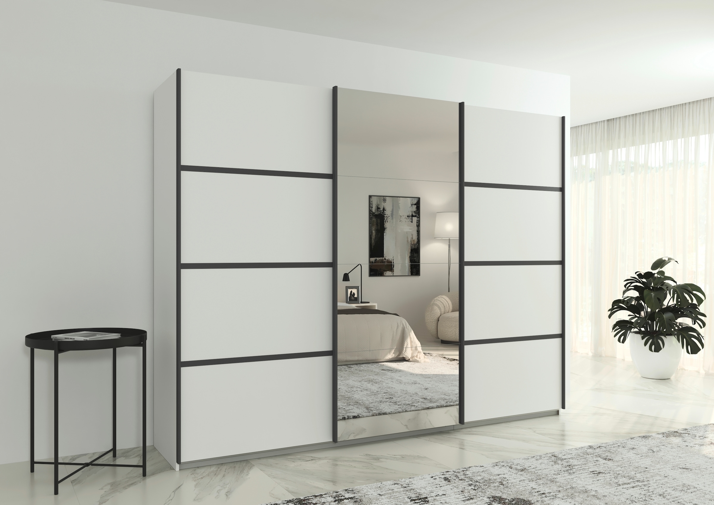rauch Kleiderschrank »Schwebetürenschrank OTTO´s Choice Garderobe Schrank TOP ANGEBOT Avola«, (in 3 verschiedenen Ausstattungen BASIC/CLASSIC/PREMIUM inkl. Spiegel), mit eleganten Zierleisten in Chrom, Schwarz oder Weiß MADE IN GERMANY