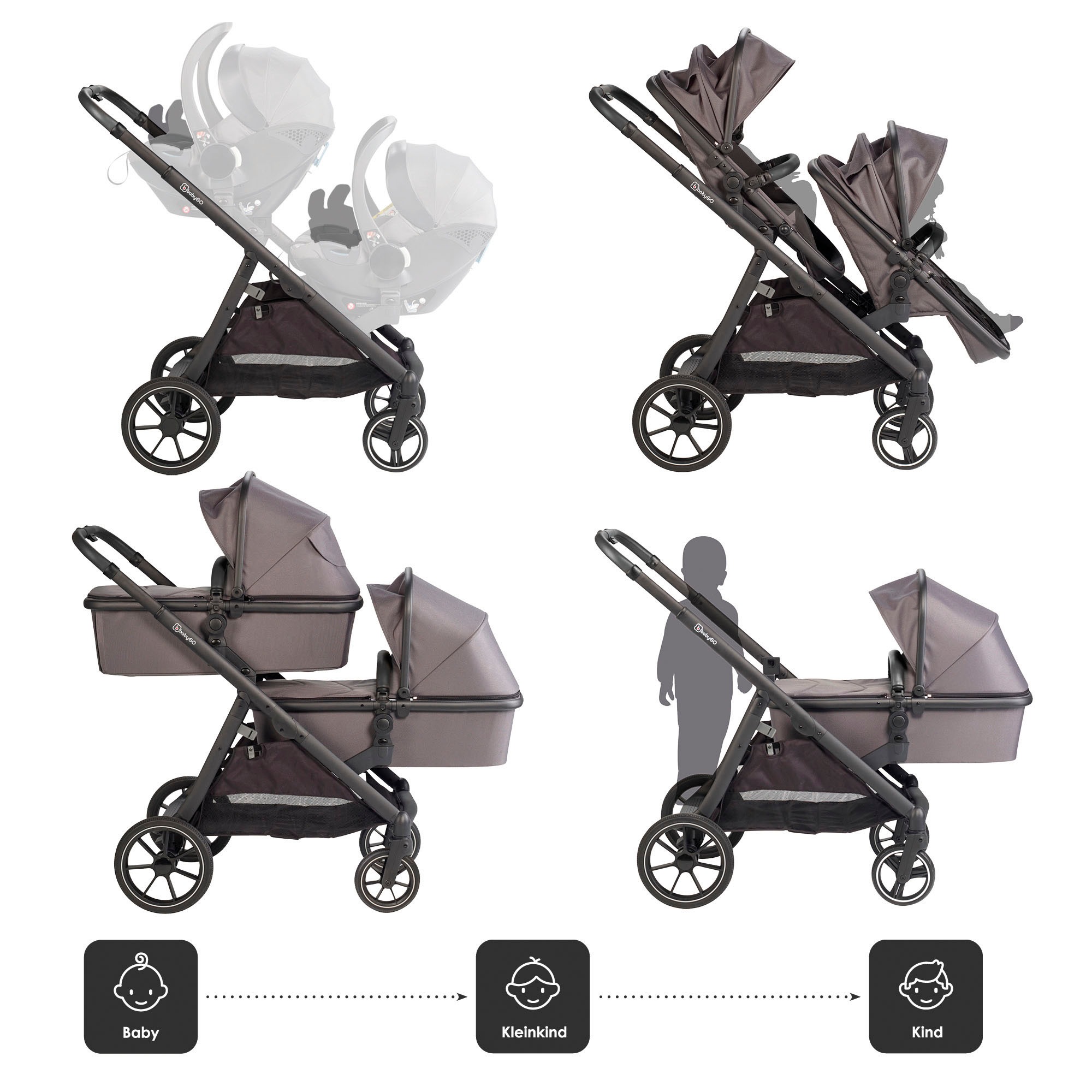 BabyGo Zwillings-Kombikinderwagen »Duo, grau« inkl. Wickeltasche u. 2 Regenhauben