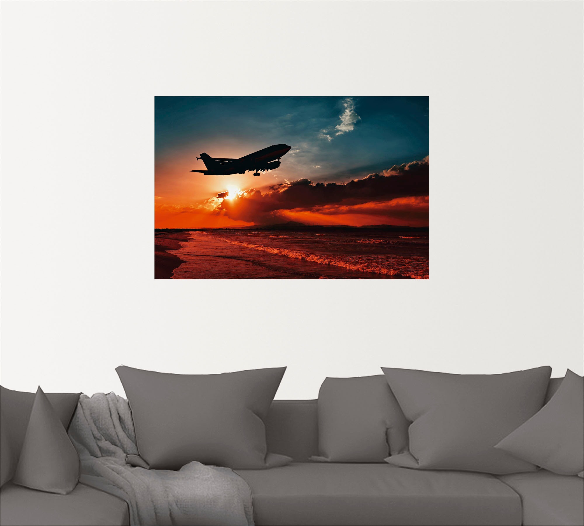 Artland Poster »Startendes Linienflugzeug am Abendhimmel«, Flugzeuge & Helikopter, (1 St.), als Alubild, Leinwandbild, Wandaufkleber oder Poster in versch. Größen