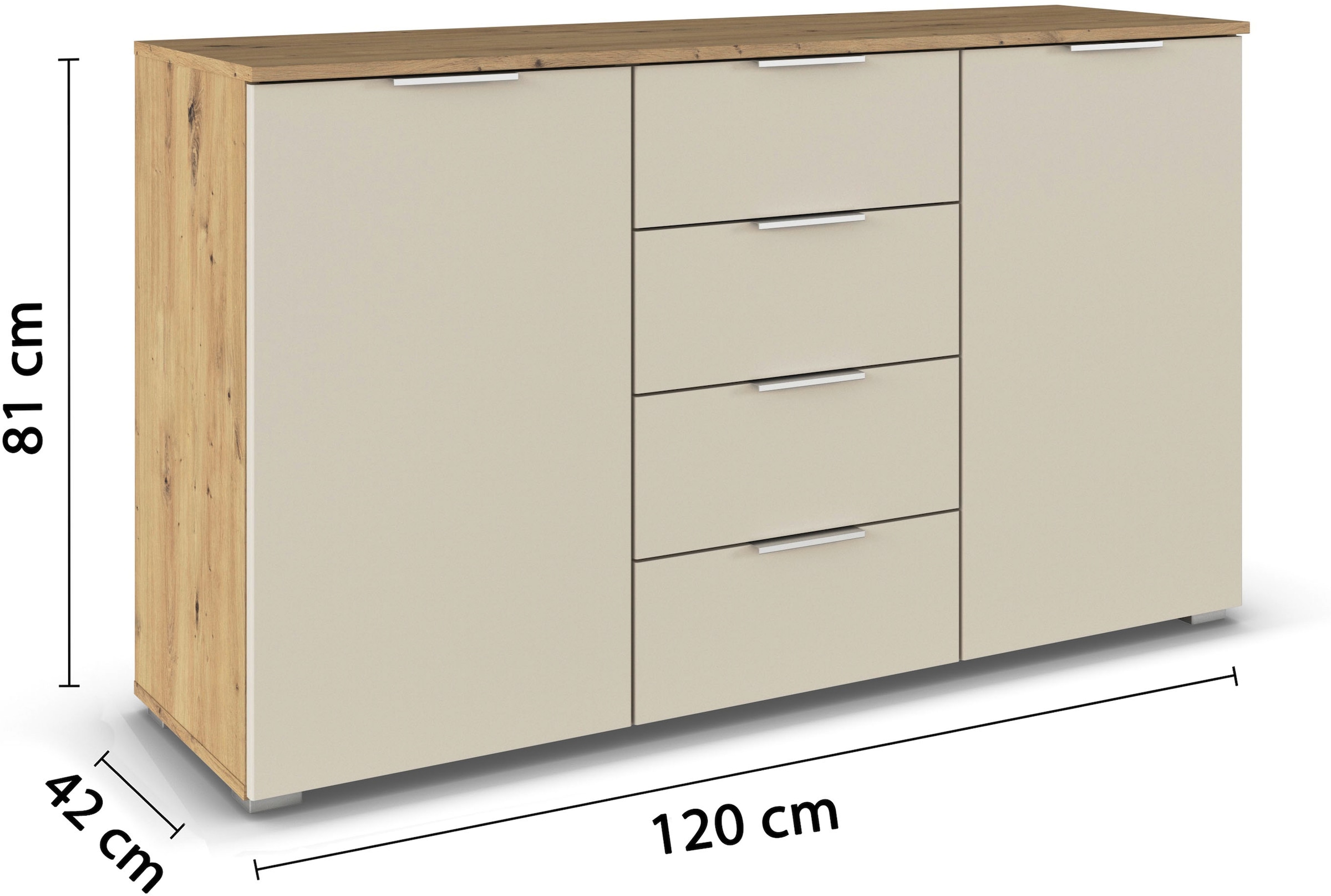 OTTO home Kombikommode »Sideboard Schubladenkommode AGORDO mit Dekor- oder Hochglanzfront« in zwei Griff-Farben, Breite 120 cm,  vier große Schubladen, mit insgesamt 4 Einlegeböden MADE IN GERMANY