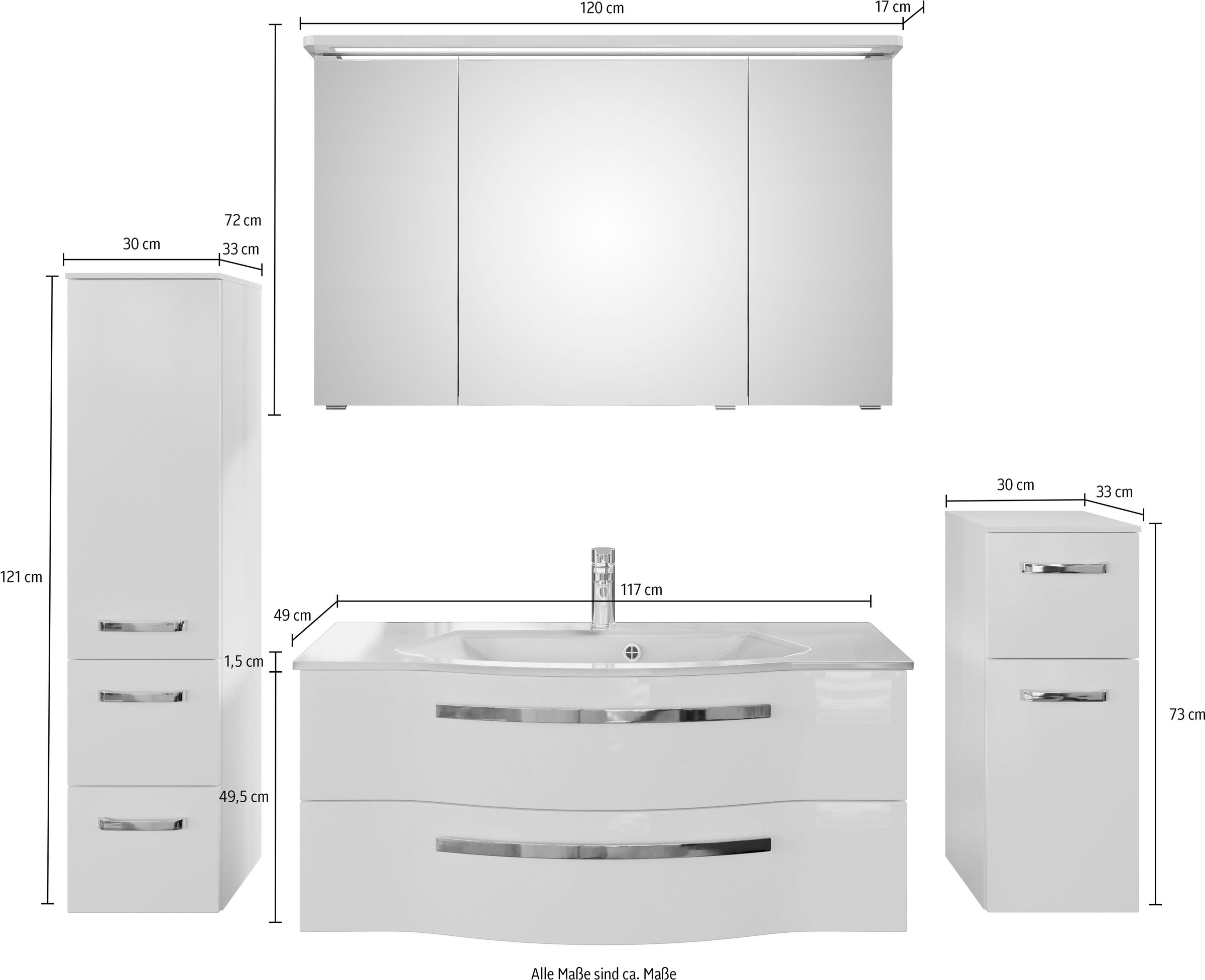 Saphir Badmöbel-Set »Serie 4005, vormontiert, Glaswaschbecken, Spiegelschrank«, (Set, 5 St.), Badezimmer Set 92 cm breit, inkl. Türdämpfer, 3 Türen, 2 Schubladen
