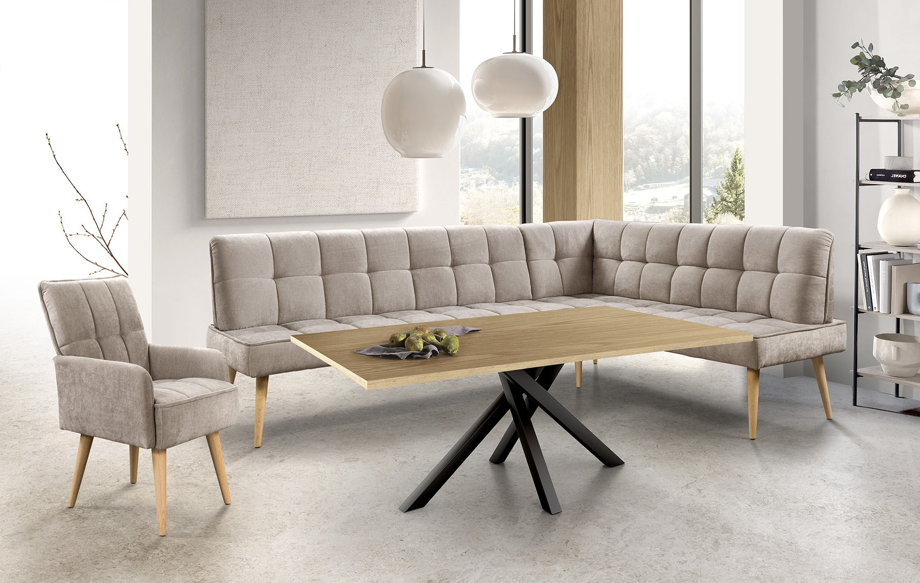 exxpo - sofa fashion Eckbank "Latte" moderne Sitz- und Rückensteppung, bequem und elegant, hoher Holzfuß