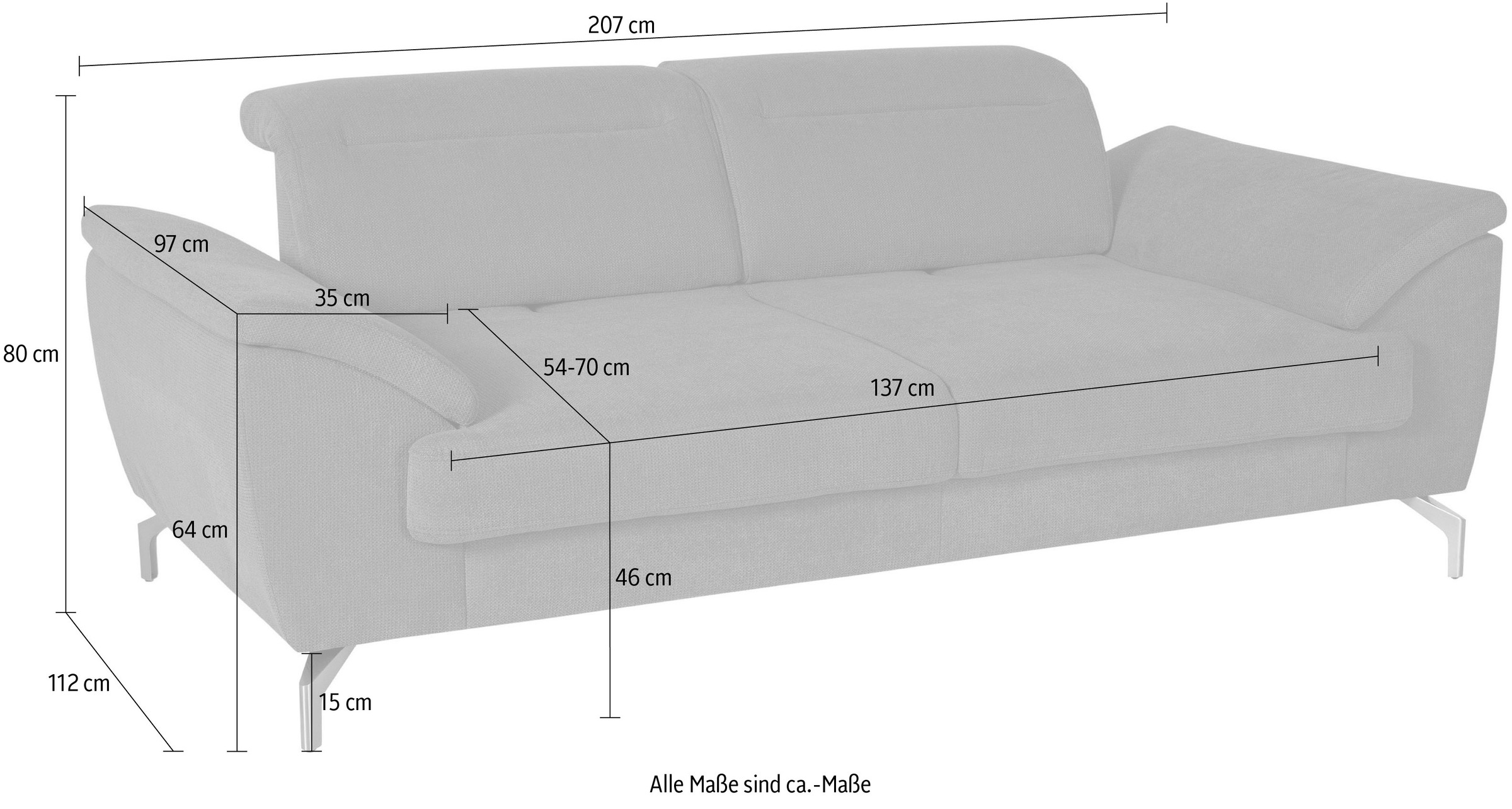 sit&more 2,5-Sitzer »Percy«, 15 cm Fußhöhe, Sitztiefenverstellung, wahlweise Kopfteilverstellung
