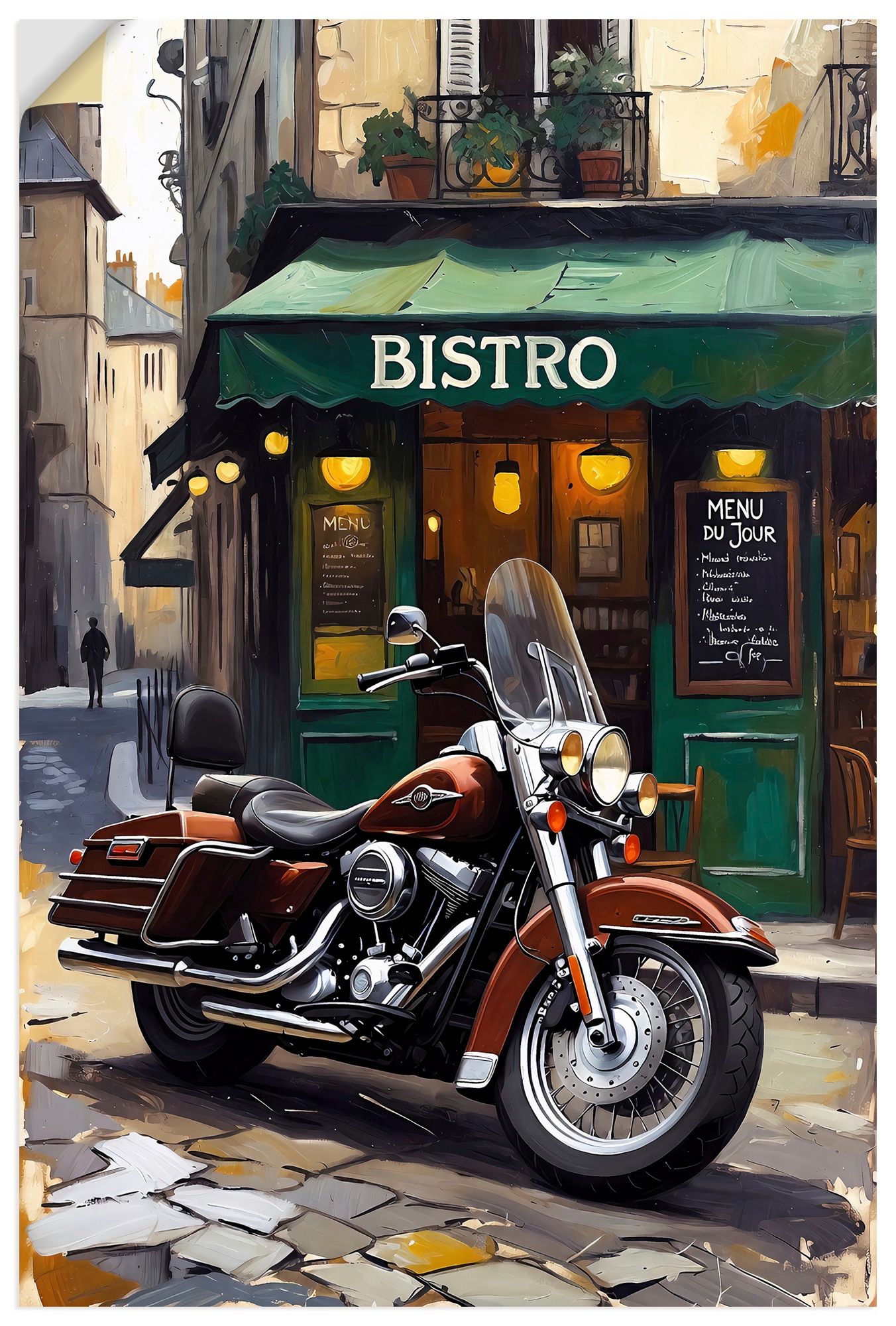 Artland Wandbild "Eine parkende Harley vor einem Bistro" 1 Stk. tlg. als Alubild, Leinwandbild, Poster, Wandaufkleber in verschied. Größen