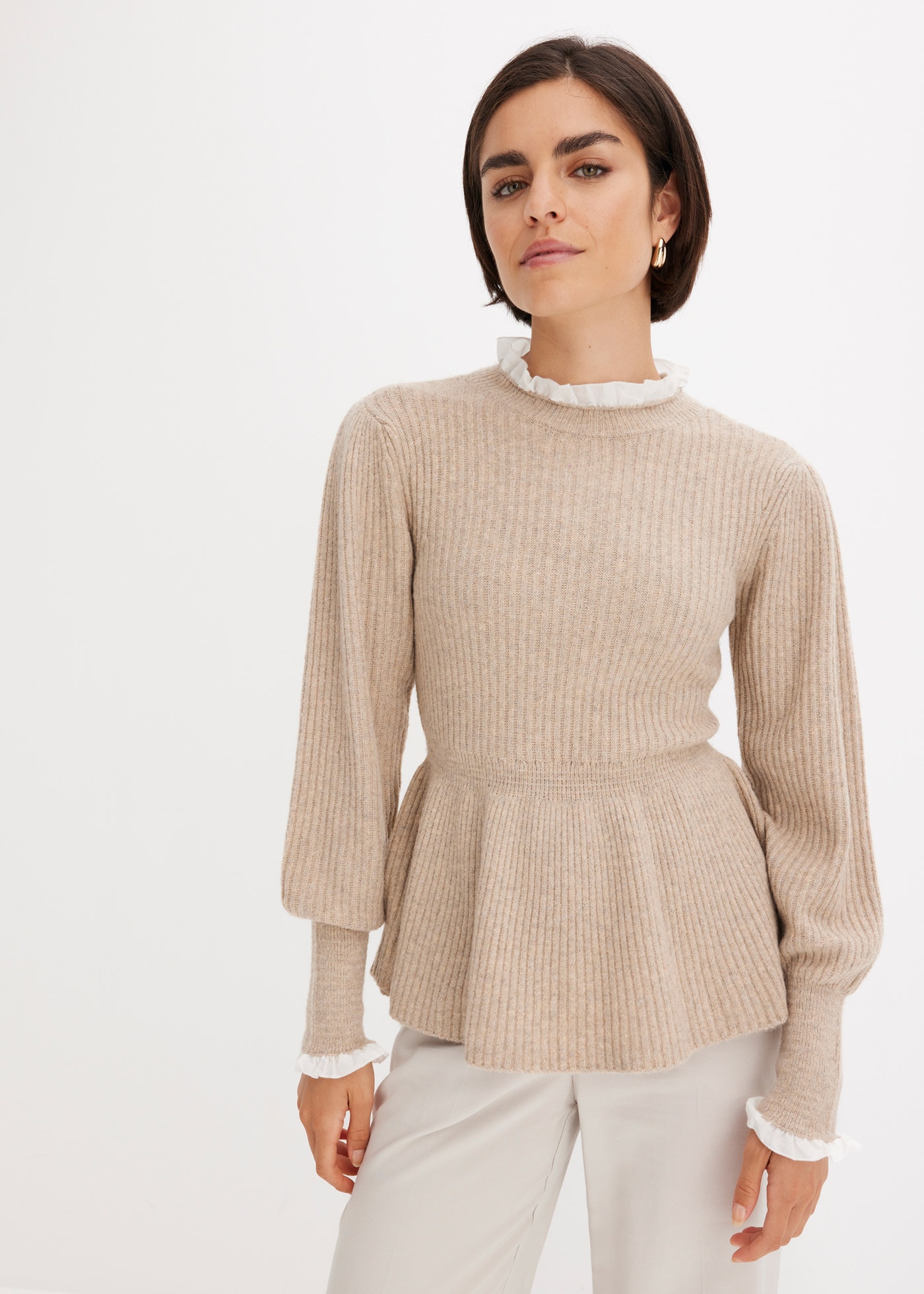 bonprix Strickpullover "Pullover" mit Blusen-Einsatz, Ballonärmel mit breitem Bündchen, tailliert
