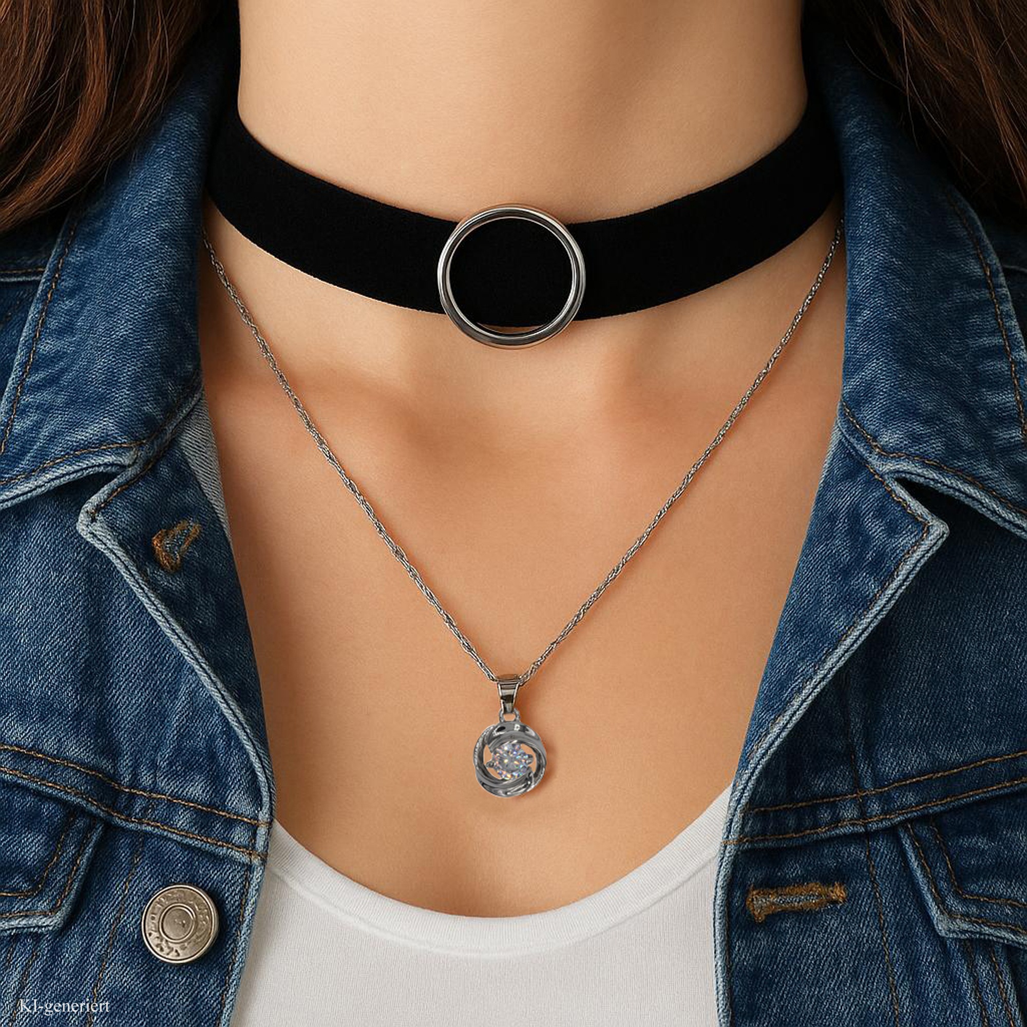 Steuer Kette mit Anhänger »Set 38+55cm Textil schwarz + Metall Glasstein weiß«