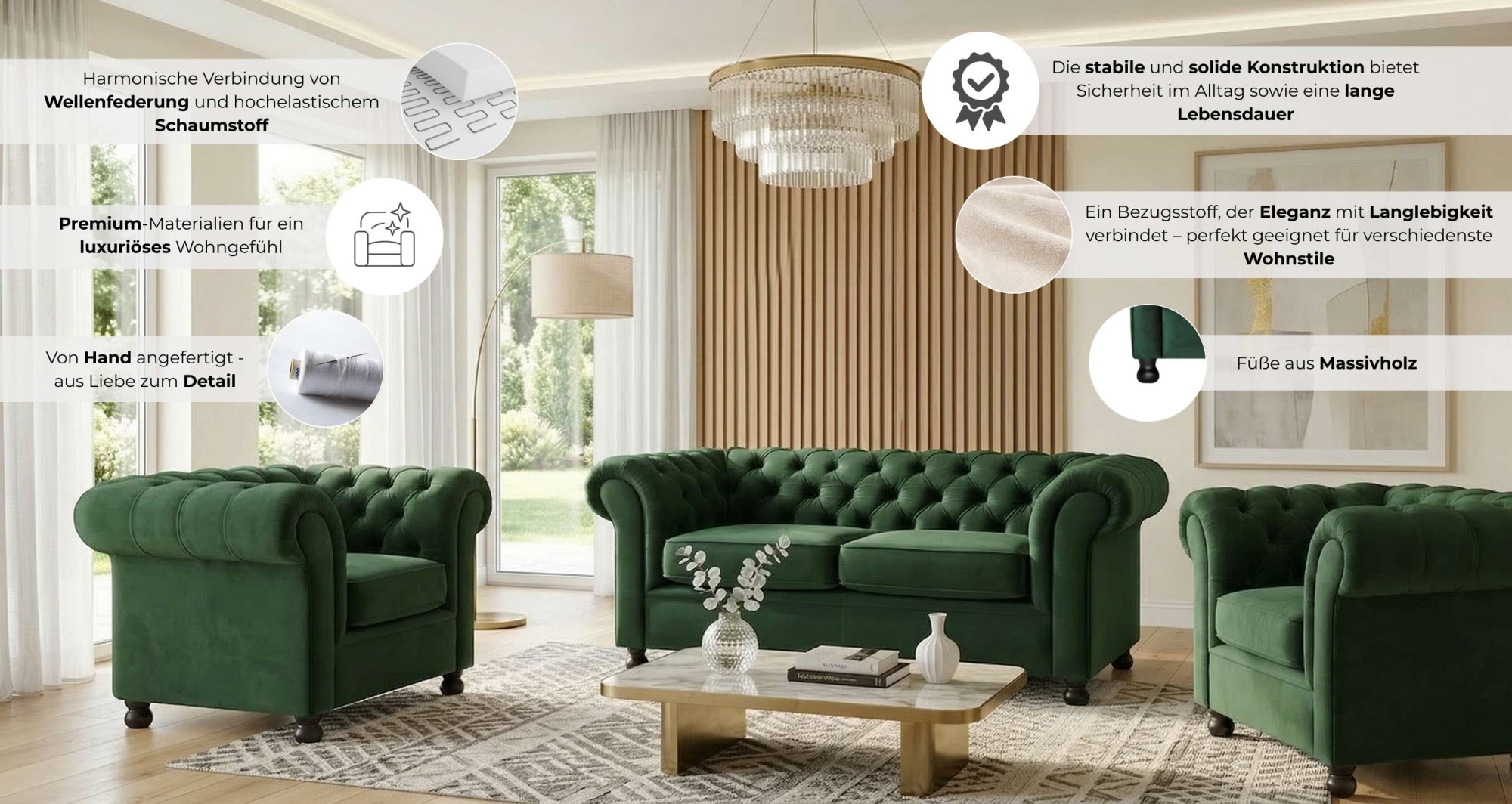 Home affaire 3-Sitzer »BRONNOY Chesterfield Sofa mit aufwendiger Knopfheftung, Breite 193 cm« Sofa mit geschwungenen Armlehnen, Chesterfield-Optik, Glamour