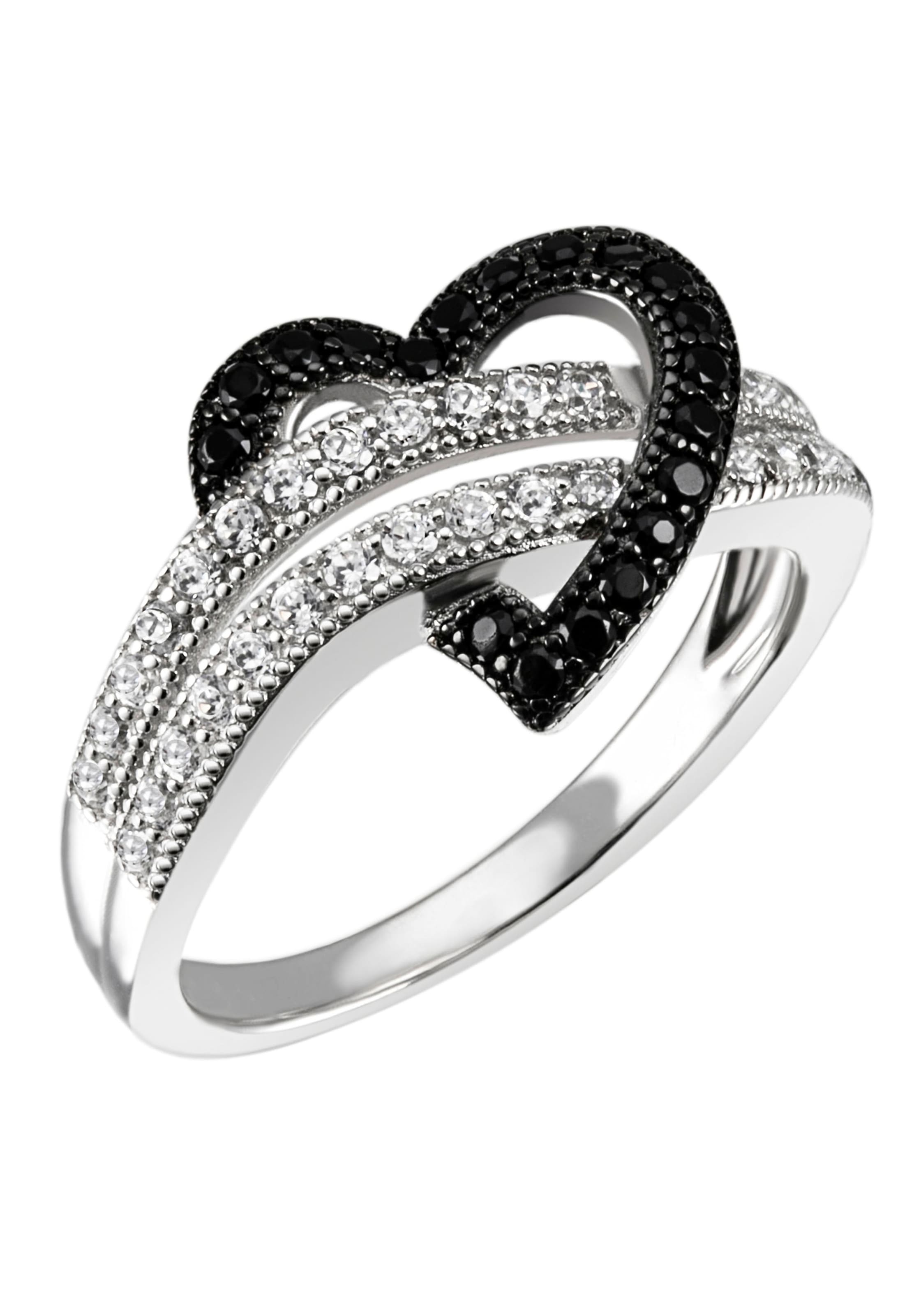 Fingerring FIRETTI "Schmuck Geschenk Silber 925 Silberring Herz" Gr. 56, weiß (silberfarben, schwarz, kristallweiß), Fingerringe, Damen, 56, Silber 925 (Sterlingsilber), 2mm, Fingerring, mit Zirkonia (synth.)