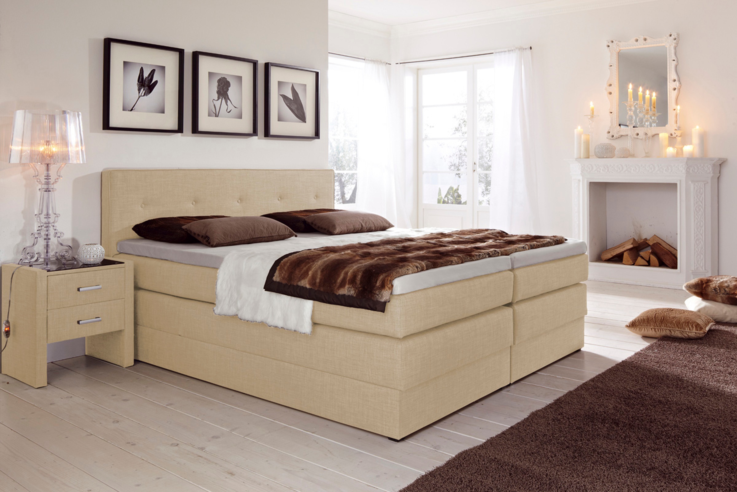 Boxspringbett HAPO, beige, Liegefläche B/L: 180cm x 200cm, kein Härtegrad, Bonnell-Federkernmatratze, Kopfteil, seitliche Unterbox und Obermatratze sind mit pflegeleichtem Feinstrukturstoff in Leinenoptik (100% Polyester) bezogen;Die Oberseite der Unterfe 8