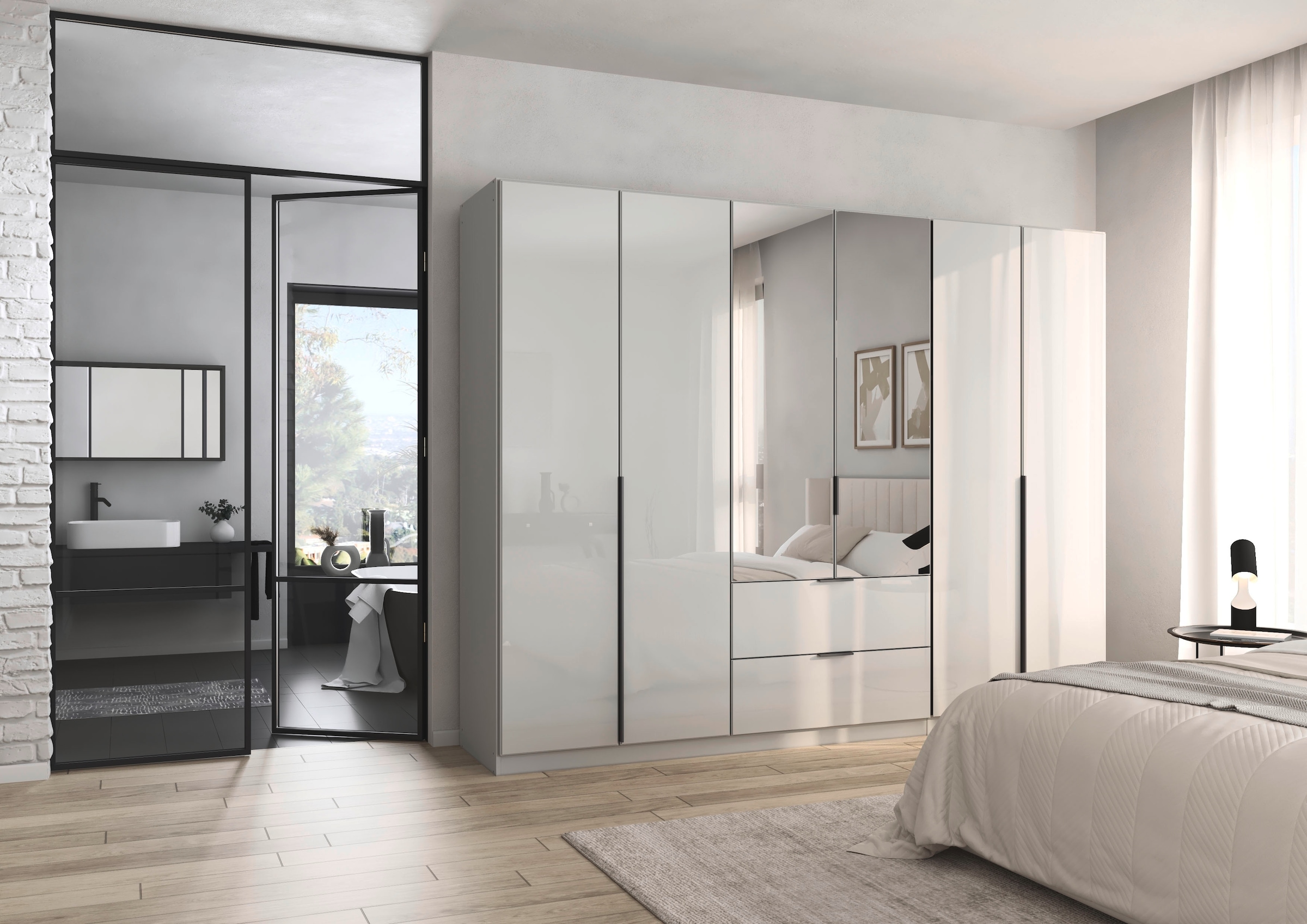 rauch Drehtürenschrank »Kleiderschrank Kleiderschränke Schrank Garderobe AGORDO mit Glasfront«, (in zwei Griff-Farben, Breiten 91-360 cm), mit Außenschubkästen, in 7 Breiten und 2 Höhen MADE IN GERMANY