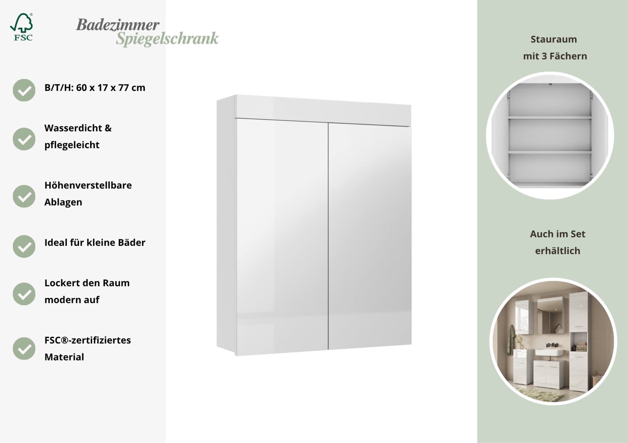 OTTO home Spiegelschrank »Avena« minimalistisch, zeitlos, Spiegelfronten, 2 Einlegeböden