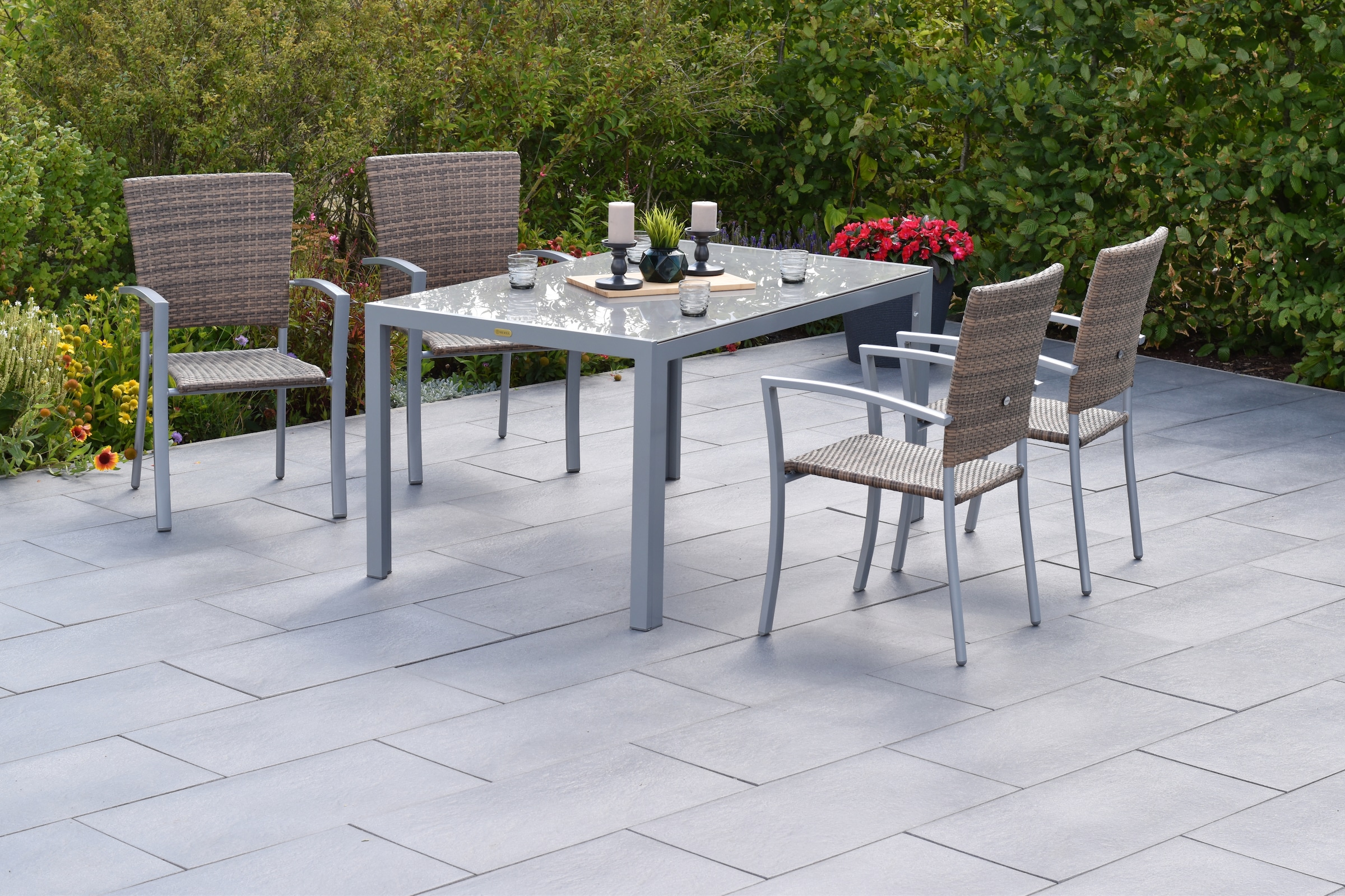 MERXX Garten-Essgruppe »Savona« Set, 5 tlg. inkl. 4 Stapelsessel, 1 Tisch