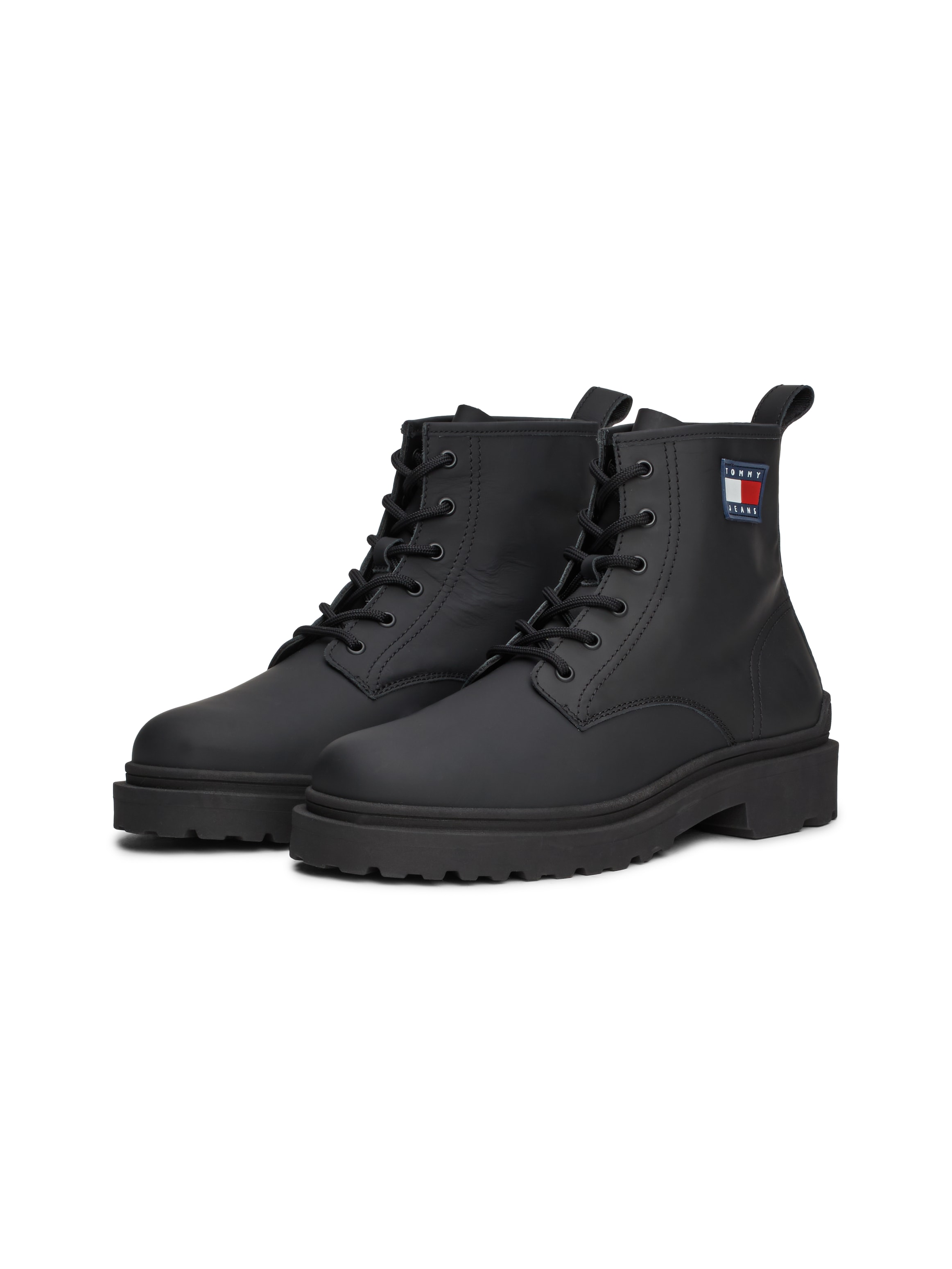 Tommy Jeans Schnürboots "TJM LEATHER LACE UP BOOT", Blockabsatz, Schnürstiefelette mit seitlicher Logoflag