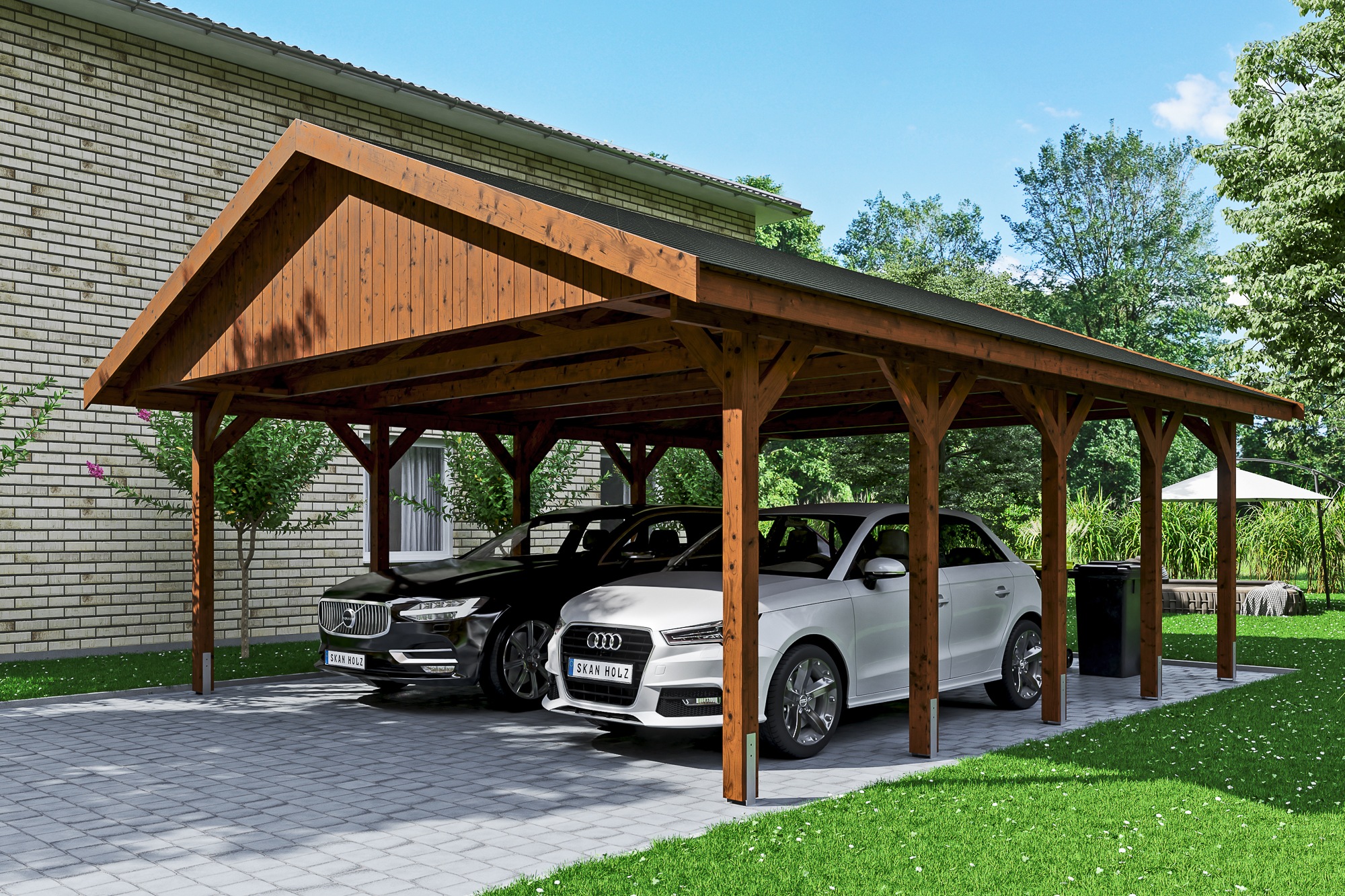 Skanholz Doppelcarport »Wallgau«, 530 cm, Nussbaum, mit schwarzen Dachschindeln
