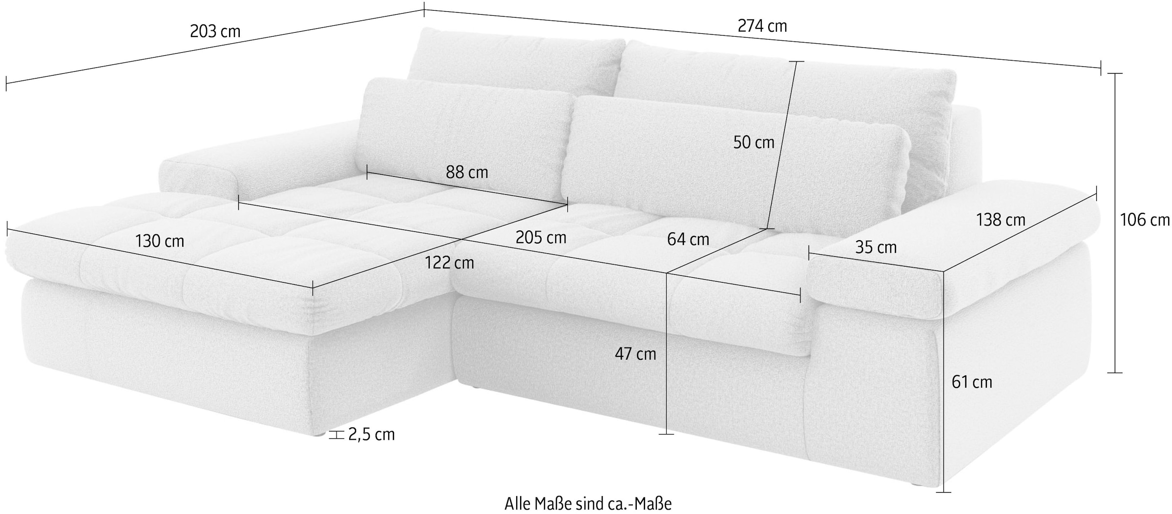 Home affaire Ecksofa »ALVERIE mit Recamiere, moderne Steppung, Maße: B/T/H 274/203/106 cm«, L-Form mit Wellenunterfederung, mit 4 Rückenkissen, pflegeleicht Stoff