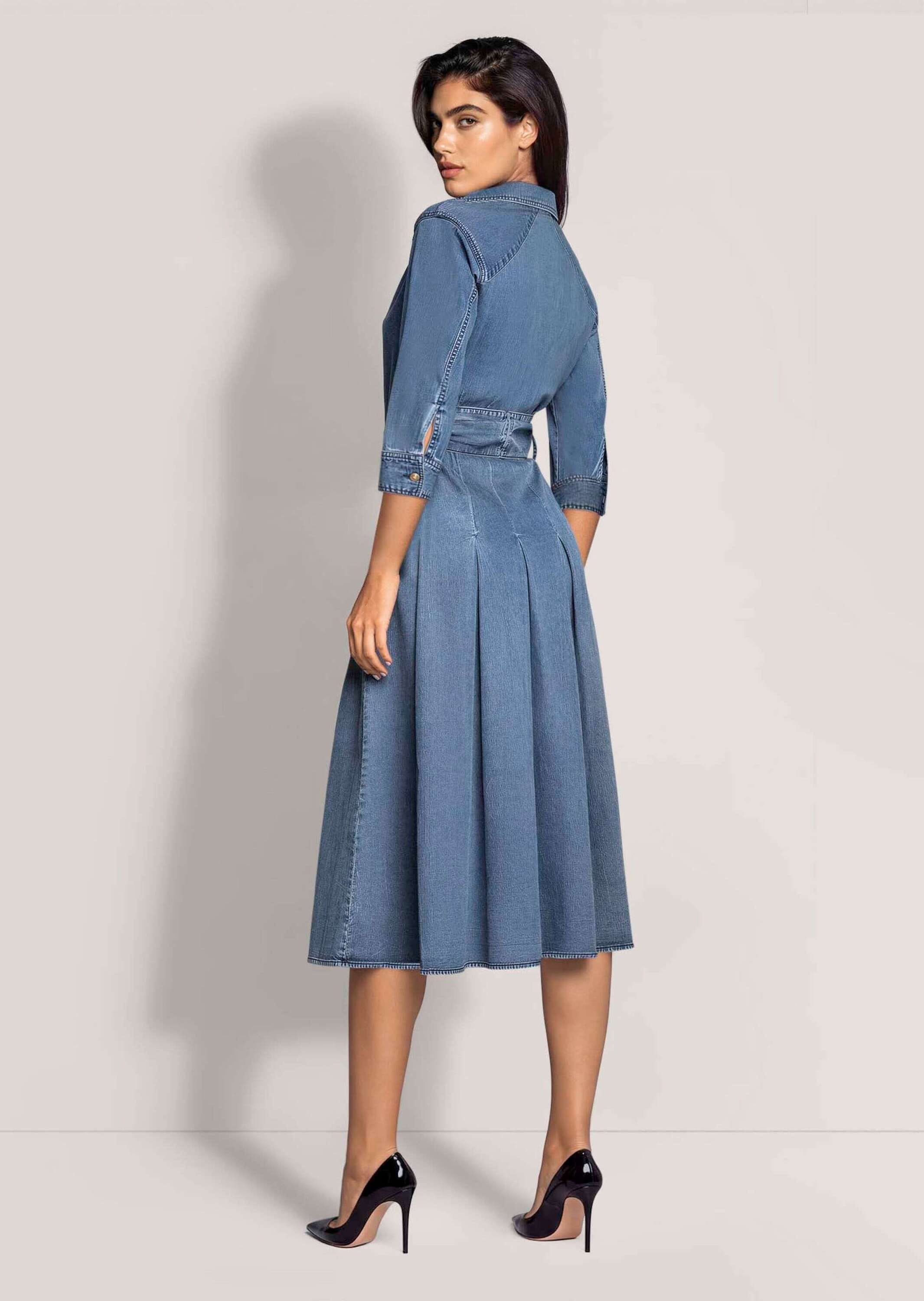 MADELEINE Midikleid »Kleid Jeanskleid mit Kellerfalten« Nahttasche