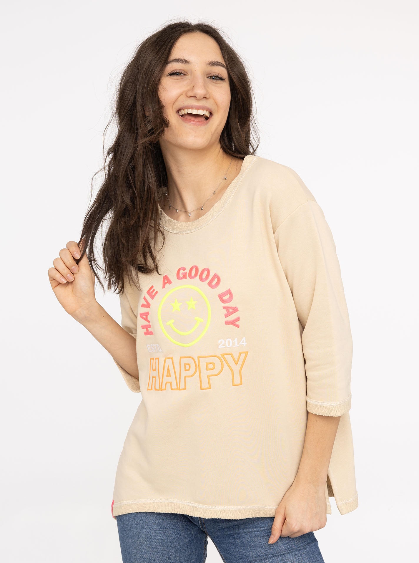 Zwillingsherz Langarmshirt ""Happy"", 3/4-Arm, Rundhalsausschnitt, Stickere günstig online kaufen