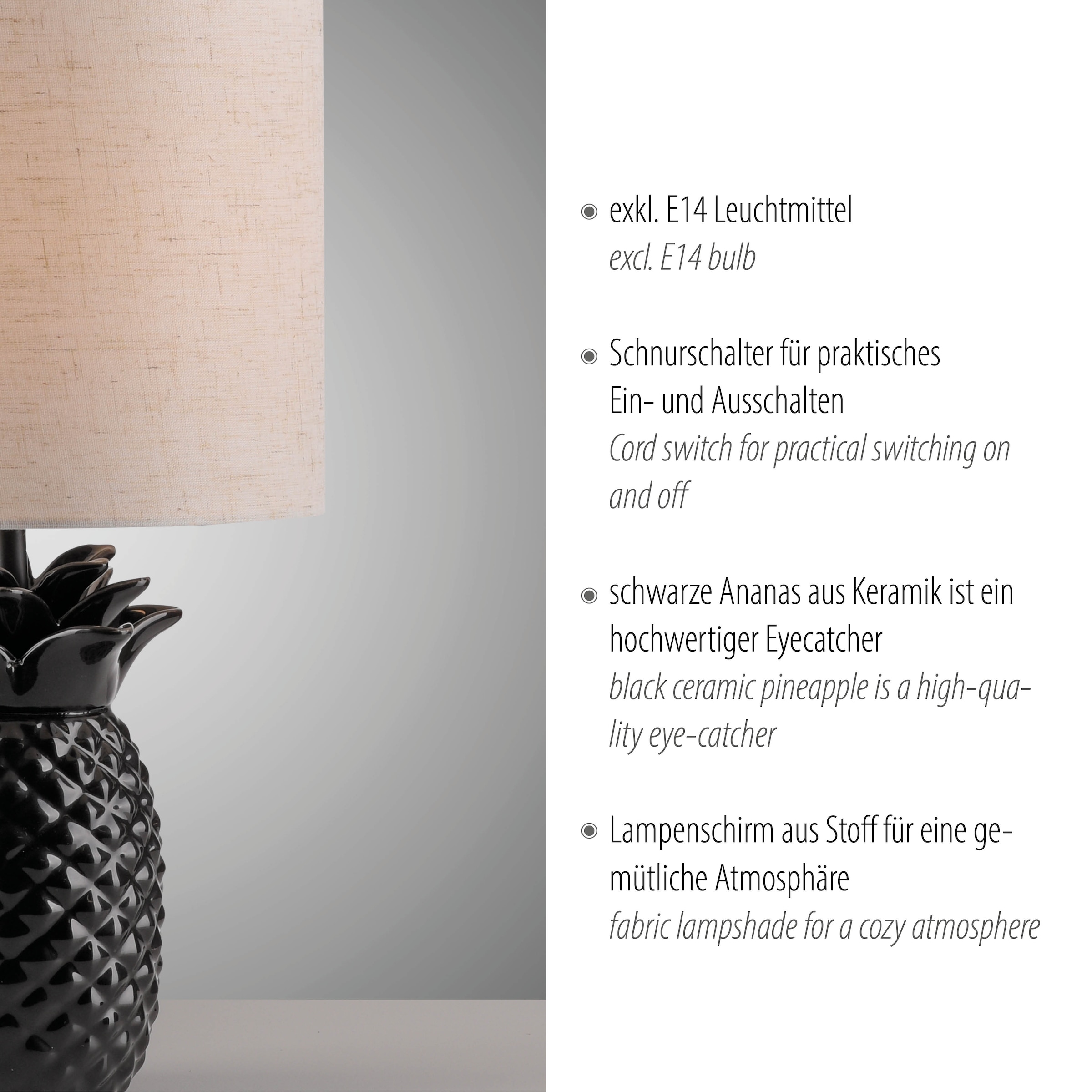Leonique Tischleuchte »Tenille - Tischlampe im Ananas Design«, 1 flammig, Leuchtmittel E14 | ohne Leuchtmittel, Leinenschirm, Ananas, Pineapple, schwarz, E14