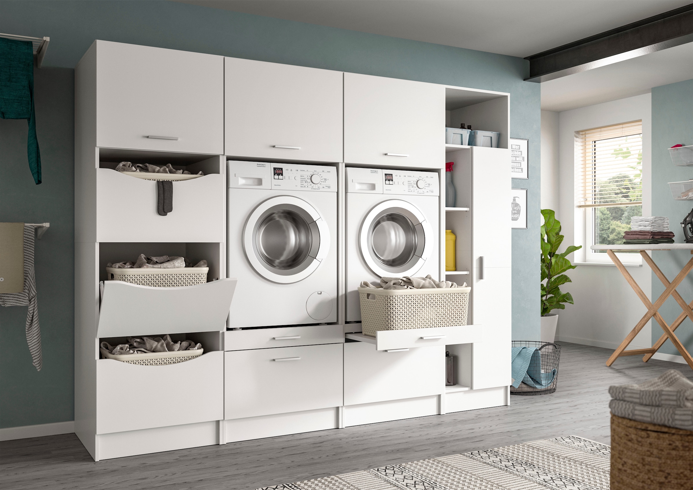 welltime Badmöbel-Set »FALAS, TOPSELLER!, 4-teilig, Hauswirtschaftsraum Set, Breite 292 cm«, (Set, 4 St., 2x Waschmaschinenumbauschrank, 1x Wäscheschrank & 1x Mehrzweckschrank), Kombination, Waschmaschinenumbau, Waschmaschinenschrank, Wäschekammer