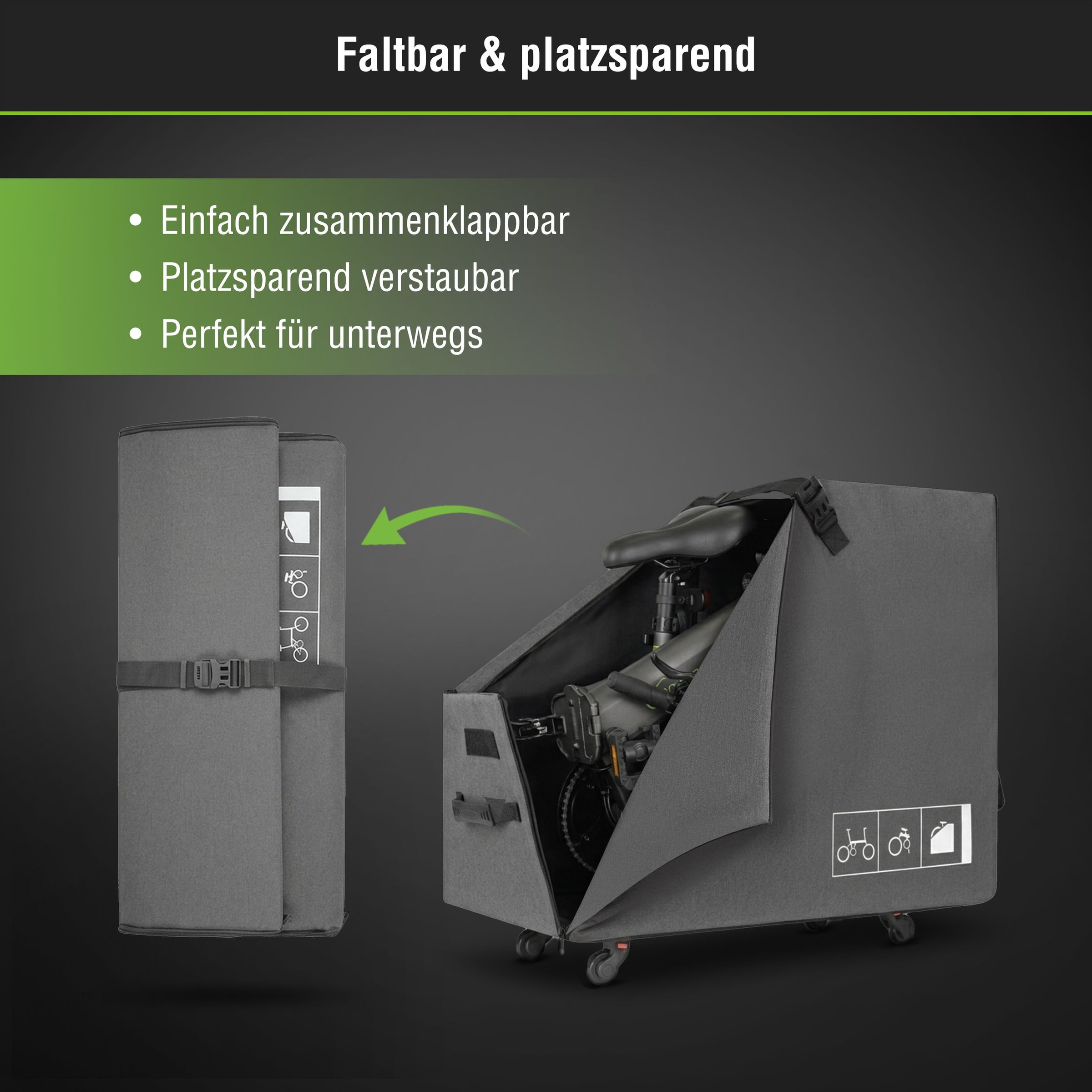 SachsenRad Aufbewahrungstasche »Faltrad-Transportbox für SachsenRAD F2, F3, F11, F12« gefaltet 84 x 44 x 8 cm, mit Regenschutz, abnehmbares 4-Rollen-System