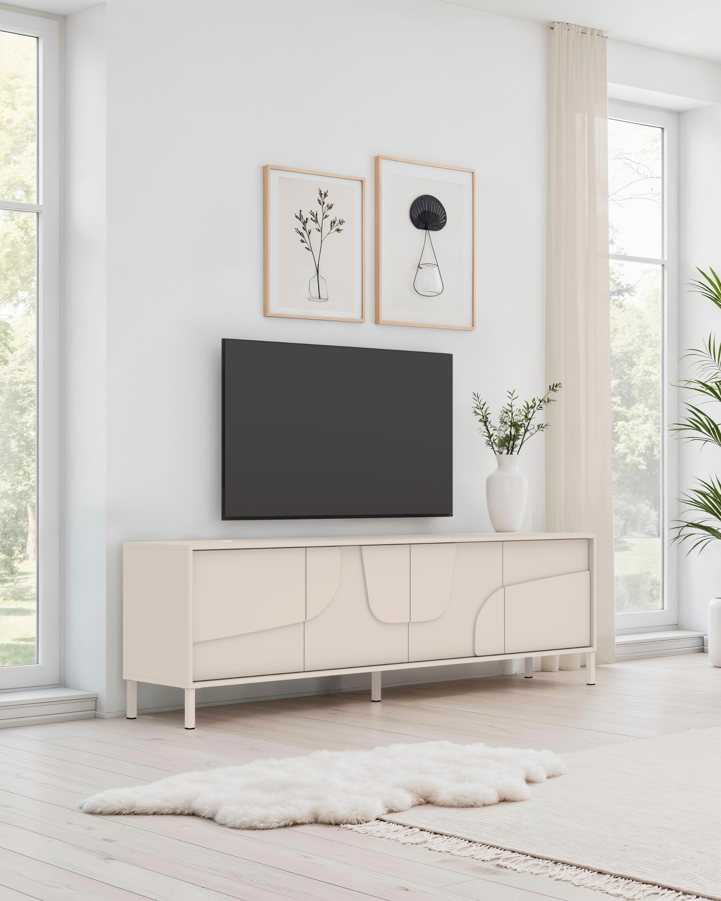 OTTO home Lowboard "Stone, 205 cm breit, 4 Türen, TV-Schrank, TV-Kommode, Medienboard" 3D-Design, Push-to-open, Innenraum großzügig, Füße 14/2 cm wählbar