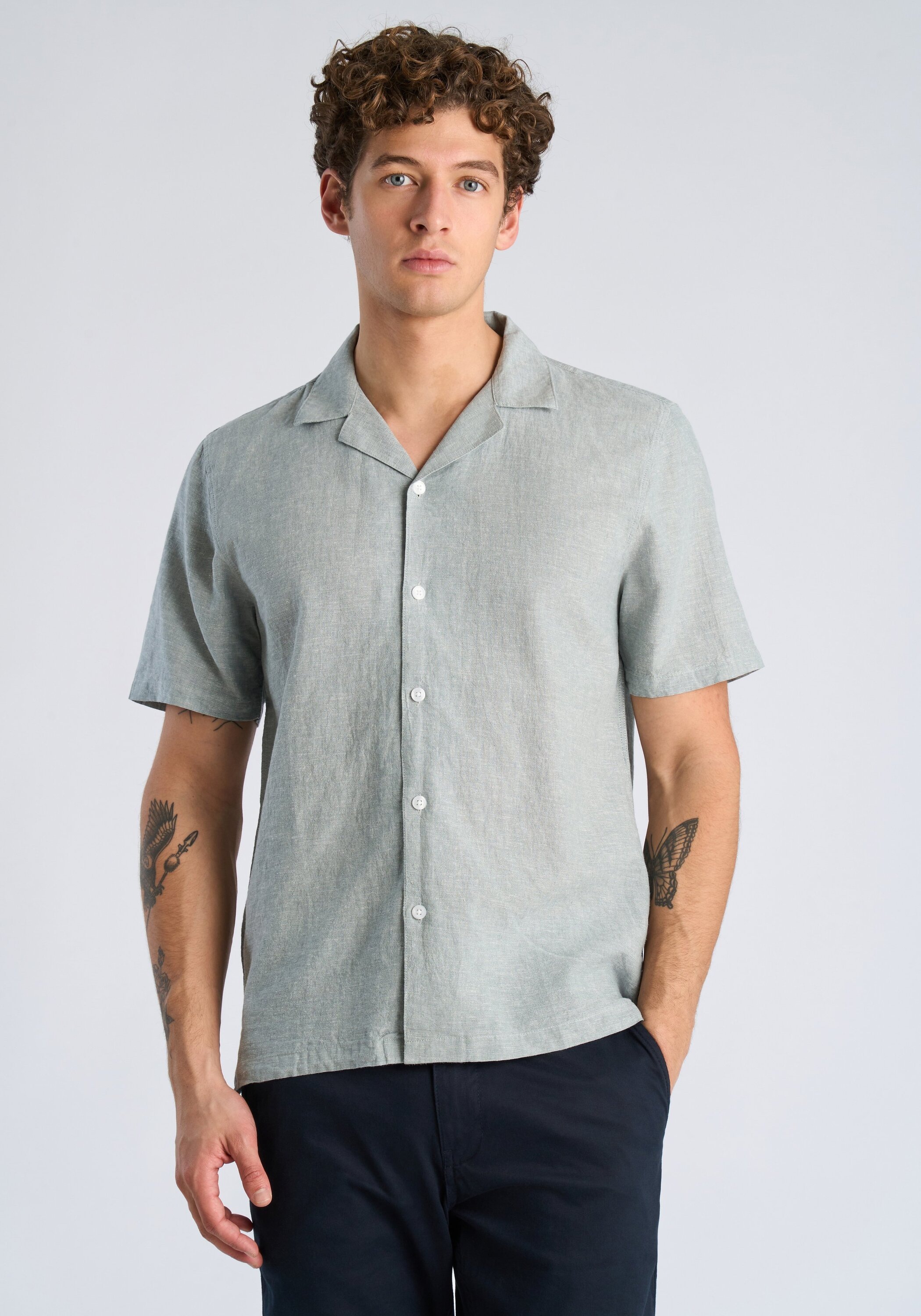 Leinenhemd LINDBERGH "Leinenhemd Relaxed Fit", Herren, Gr. S, Normalgrößen, faded aqua, Obermaterial: 55% Leinen, 45% Baumwolle, Hemden