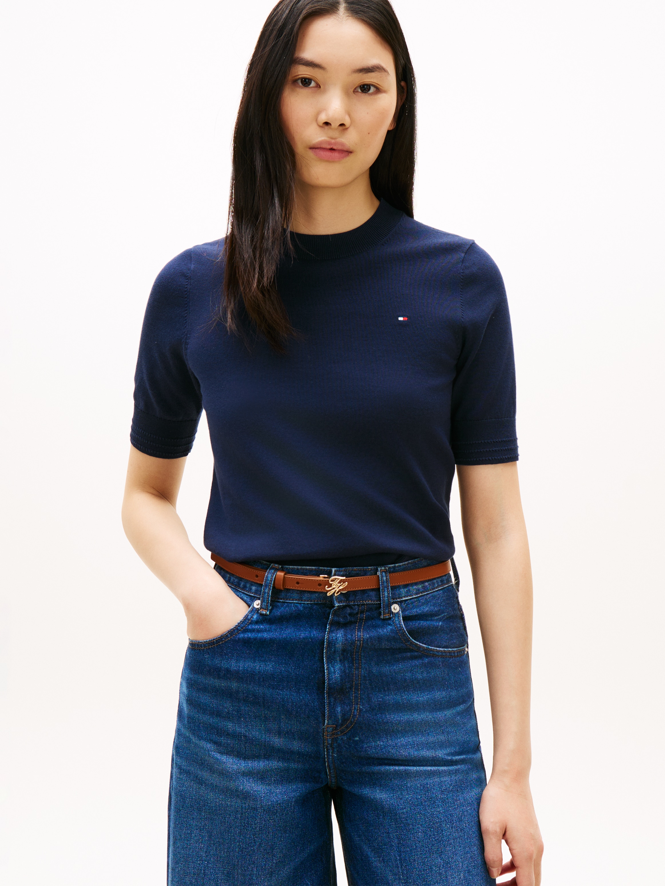 Tommy Hilfiger Kurzarmpullover »CO JERSEY FINE GG C-NK SS SWT« Baumwollmischung, Regular Fit