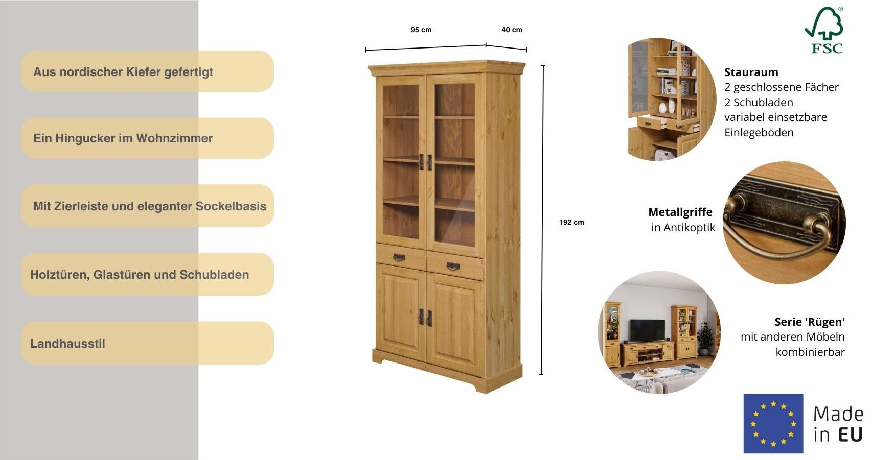 Home affaire Vitrine »Rügen«, zertifiziertes Massivholz, Höhe 192 cm, im Landhausstil