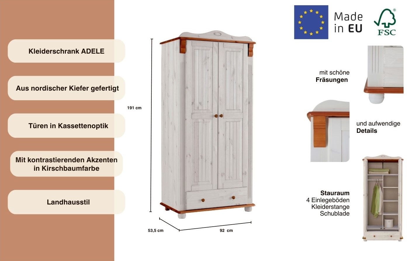 Thumbnail - OTTO home Kleiderschrank "Adele" 4 Breiten: 92/130/169/207 H/T ca. 191/54 cm, aus massiver Kiefer,Spiegel beim 4-und 5-t...