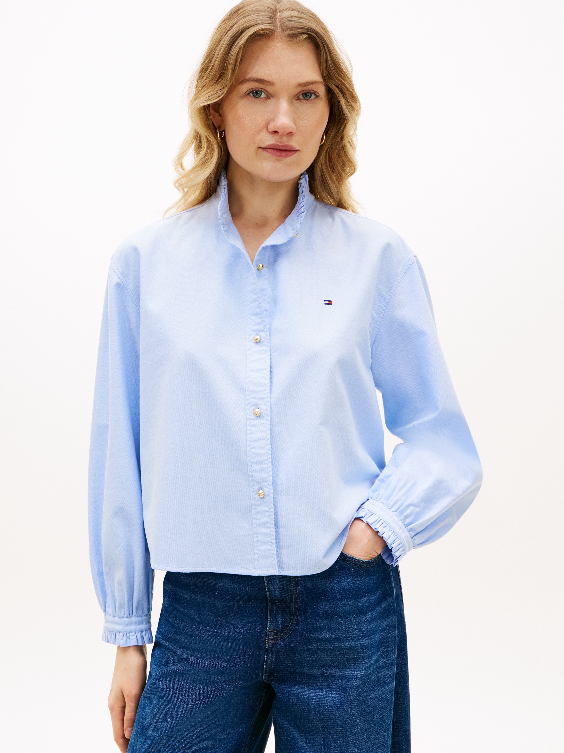 Tommy Hilfiger Langarmbluse "OXFORD CROP RUFFLE LS SHIRT" mit Rüschen-Detai günstig online kaufen