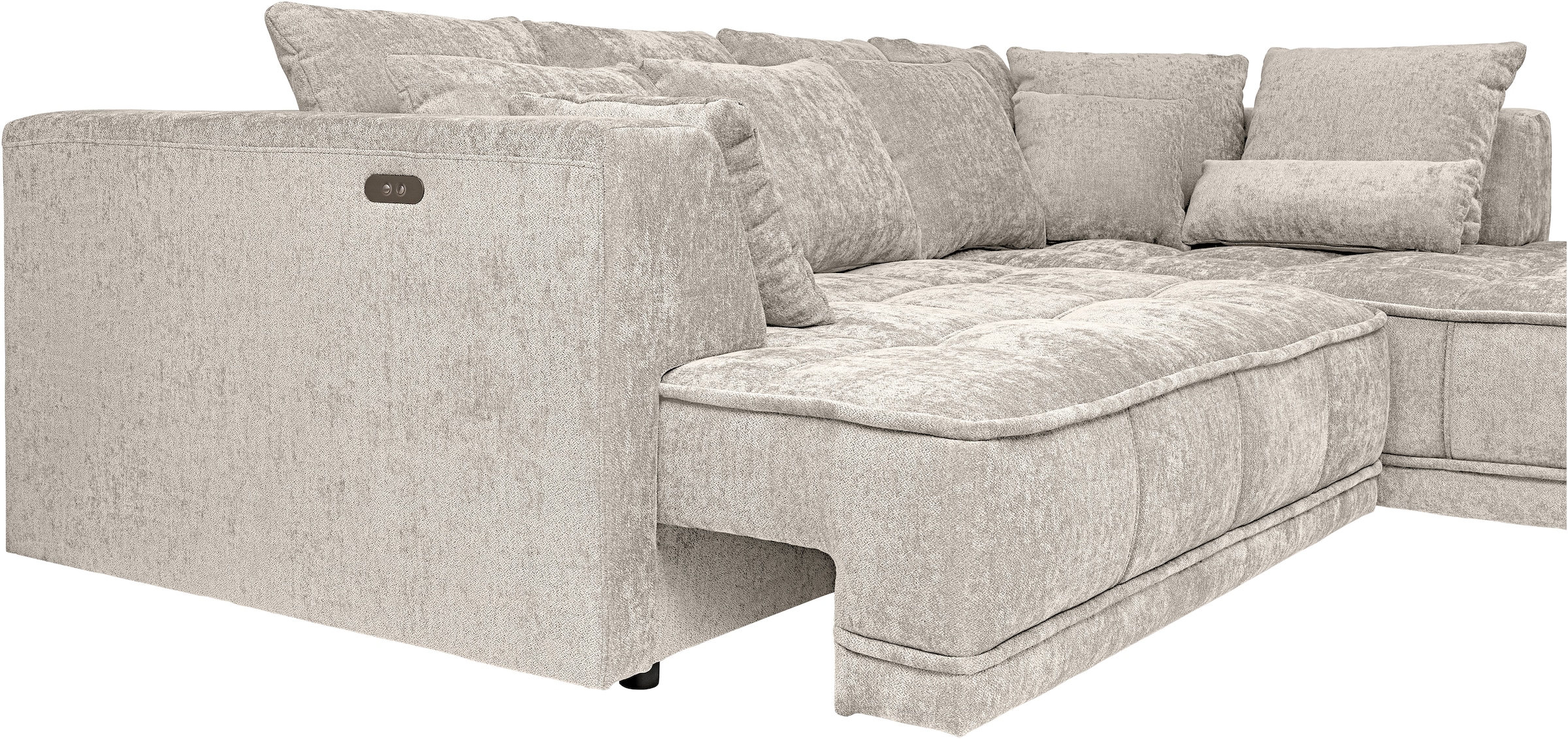 WERK2 Ecksofa »Tiga, Komfortsofa mit elekt. Auszugsfunktion, bequem, L-Form« Pure Wohlfühlgarantie: Ausziehbare Sitztiefe, XXL-Ottomane & Kissen.