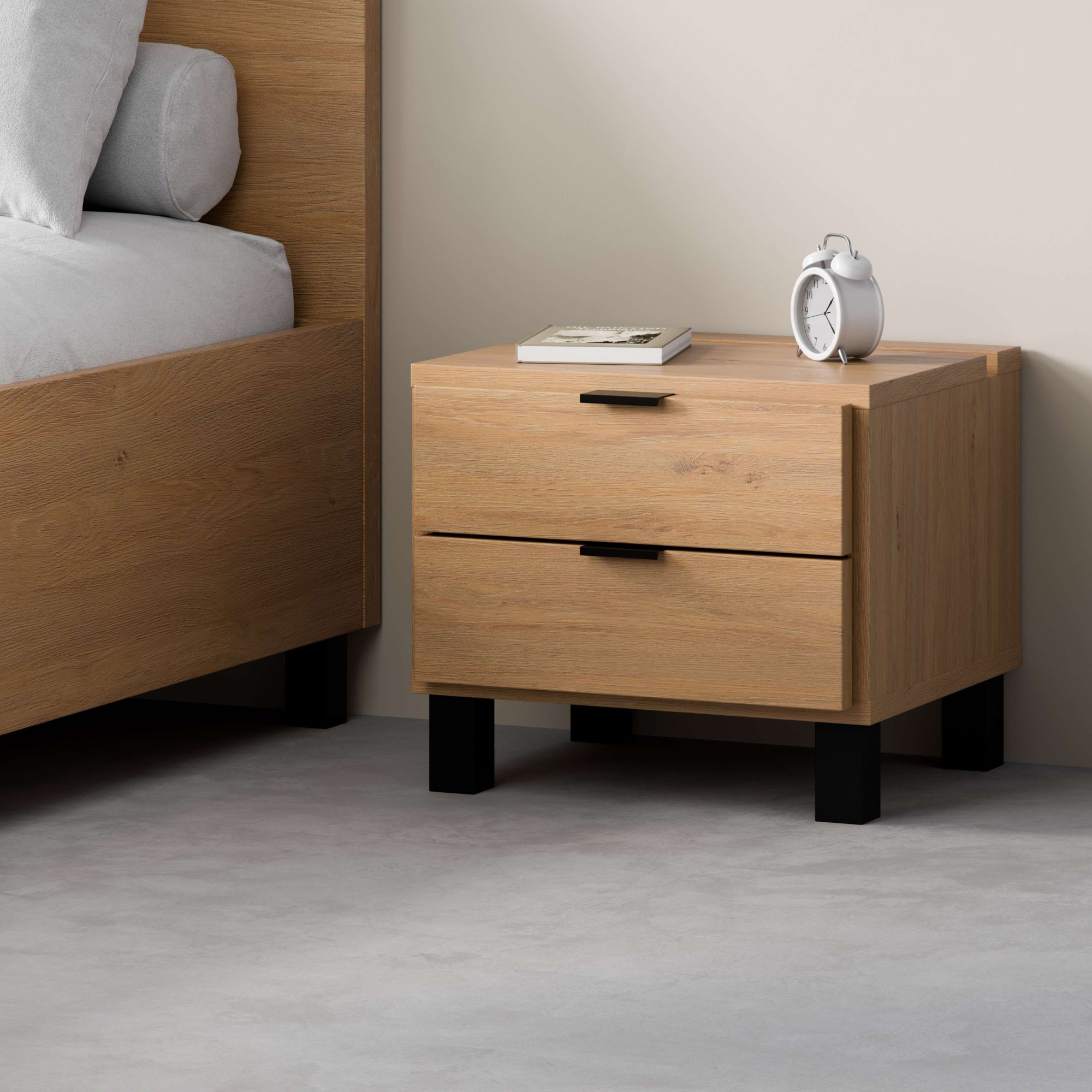 Nachttisch VOX, B:45cm H:39cm T:38cmeiche, eiche, Schlafzimmer, Tische, "SIMPLE, obere Schublade mit Beleuchtung, 2 Schubladen, Metallgriffe",