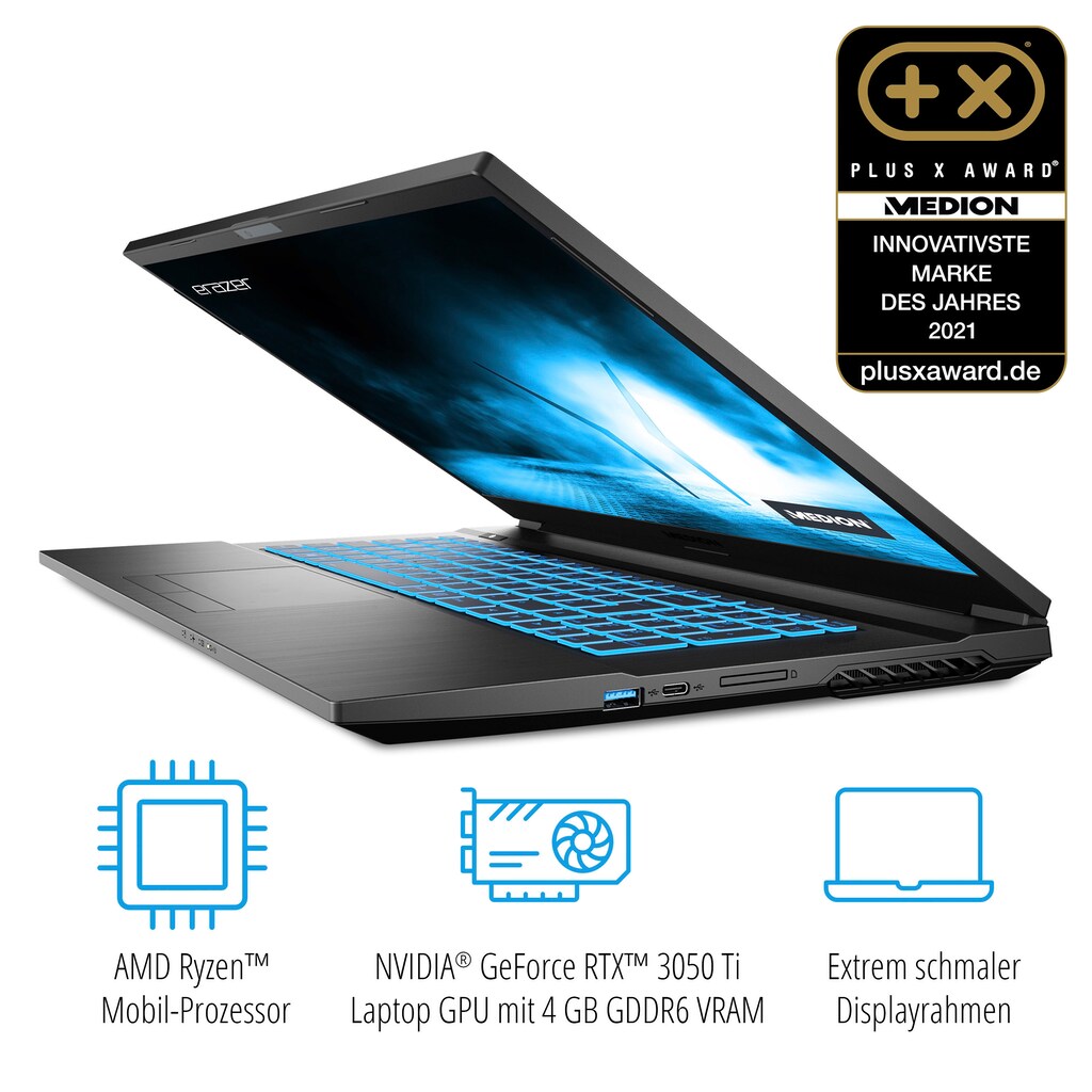 Medion® Gaming-Notebook »Defender E15«, 43,9 cm, / 17,3 Zoll, AMD, Ryzen 7, GeForce RTX 3050 Ti, 1000 GB SSD