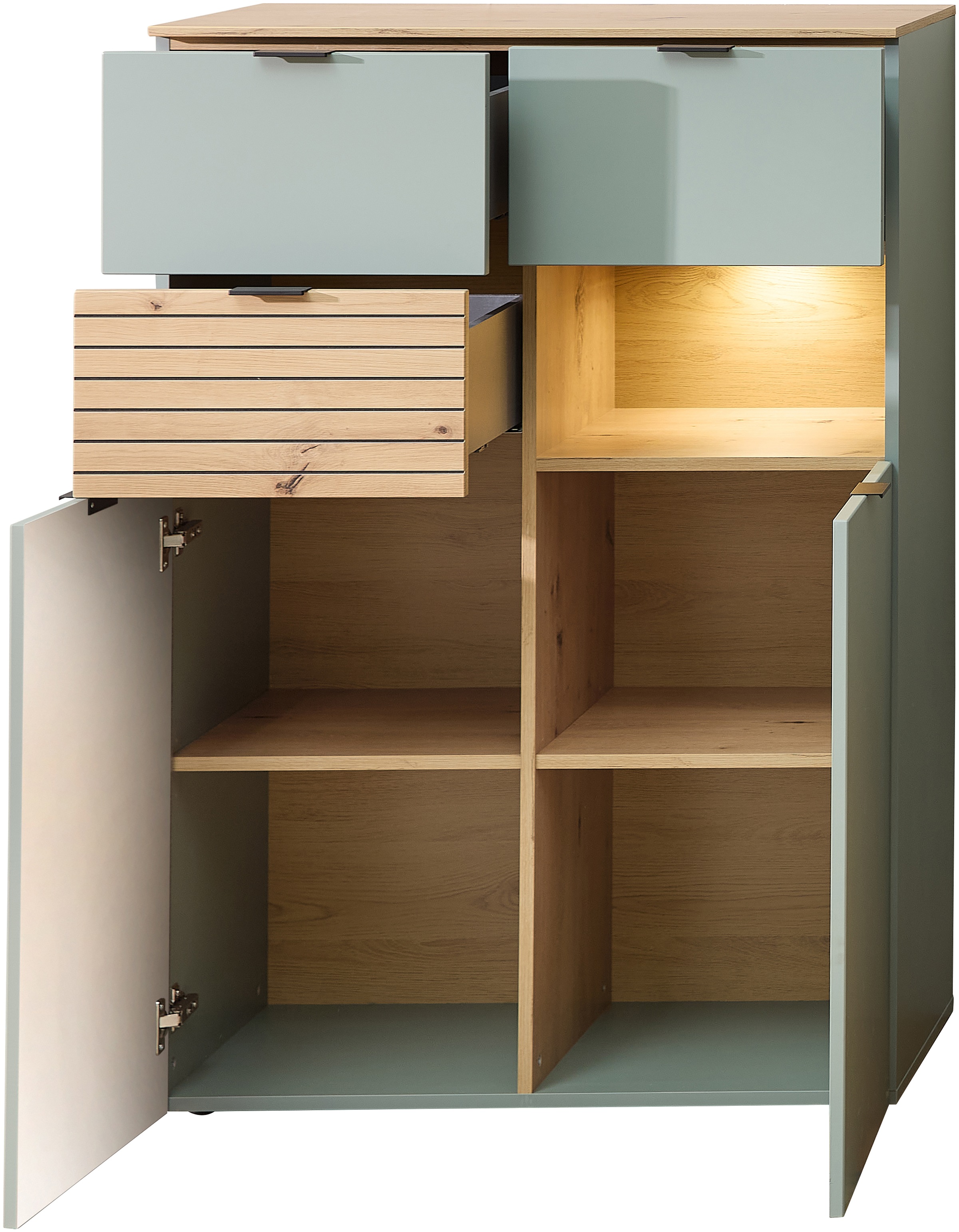 Thumbnail - Innostyle Highboard "INA Highboard, 84 x 125 x 45 cm (B/H/T)" 1 Stk. tlg. 2 türig, 3 Schubladen, inkl. Beleuchtung, Soft...