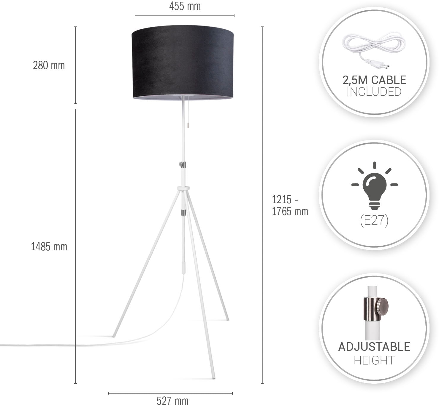 Paco Home Stehlampe »Naomi uni BAUR Wohnzimmer | bis cm Höhenverstellbar 176,5 121,5 Zugschalter Color«, Velour