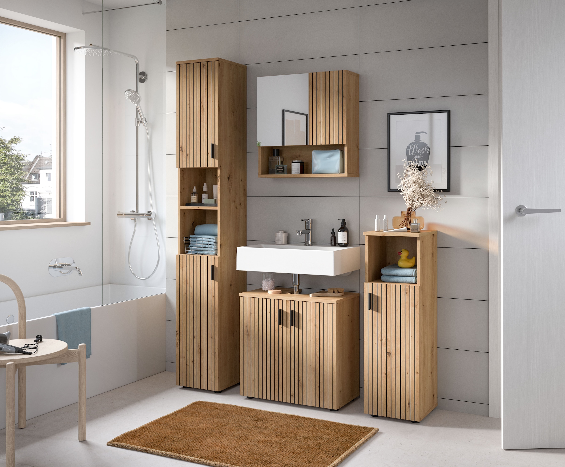 welltime Hochschrank »MANI, Höhe: 192 cm, Paneeloptik, 2 offene Fächer, 2 Türen« 1 Stk. tlg. Hochschrank, Bad-Schrank, Badezimmerschrank, Bad, Badezimmer