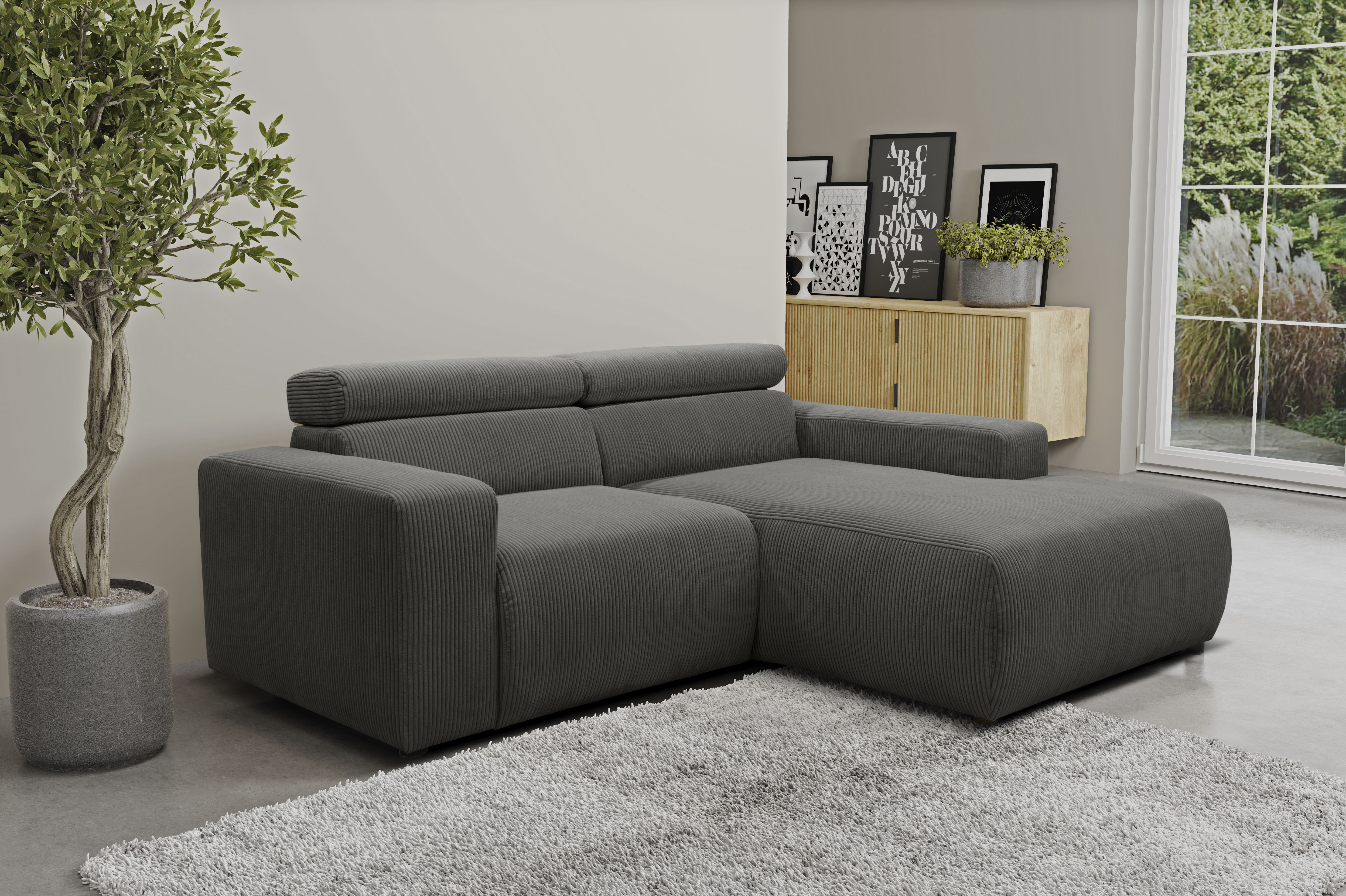 DOMO collection Ecksofa "BRANDON inkl. Kopfteilverstellung, 214x100x80 cm, L-Form" Cord, grau