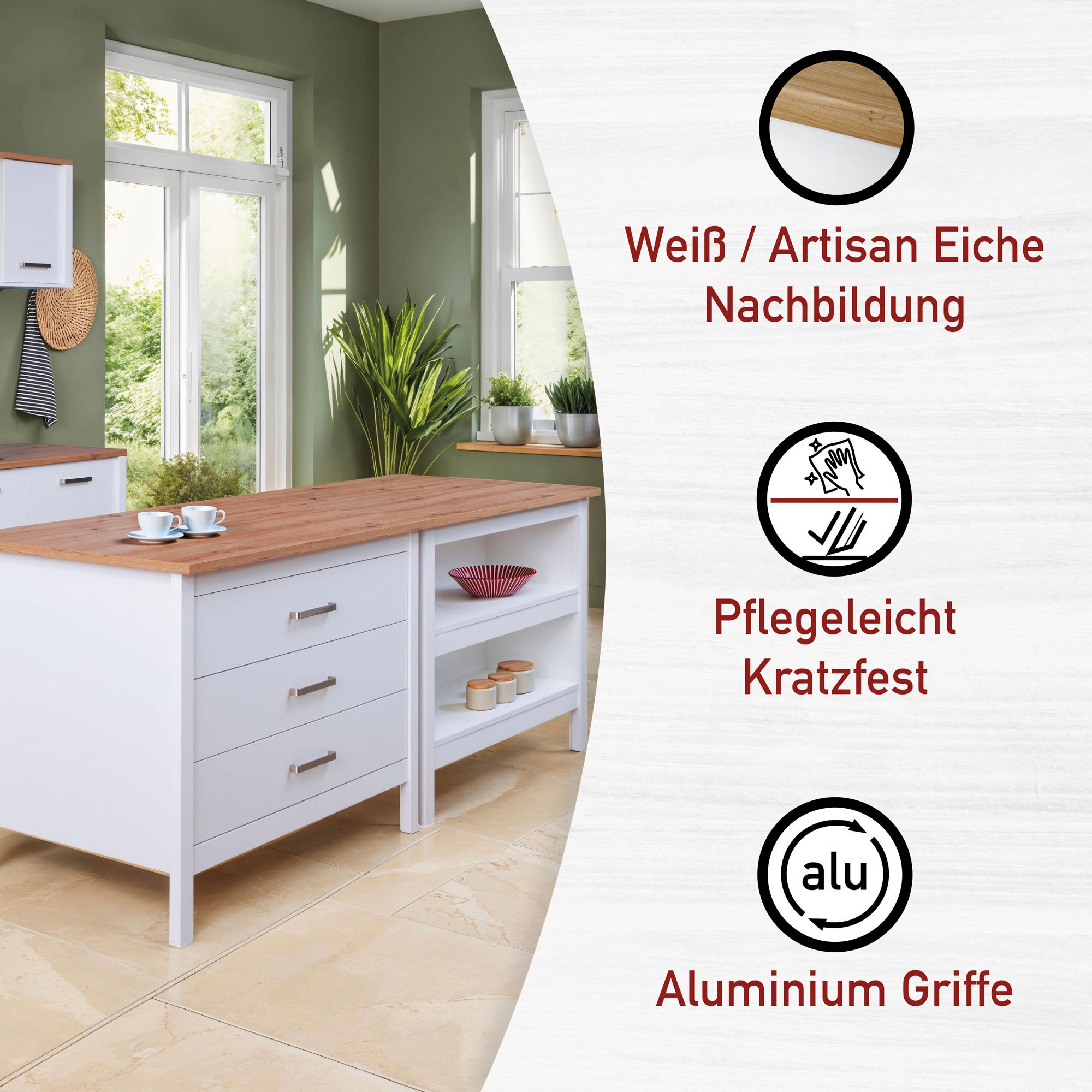 Inter Link Bartisch »Enoli im Skandi Look, multifunktional für Küche & Essbereich, Weiss« 1 Stk. tlg. Kücheninsel mit Soft-Close, Platz für 2 Hocker, 124x75x91 cm