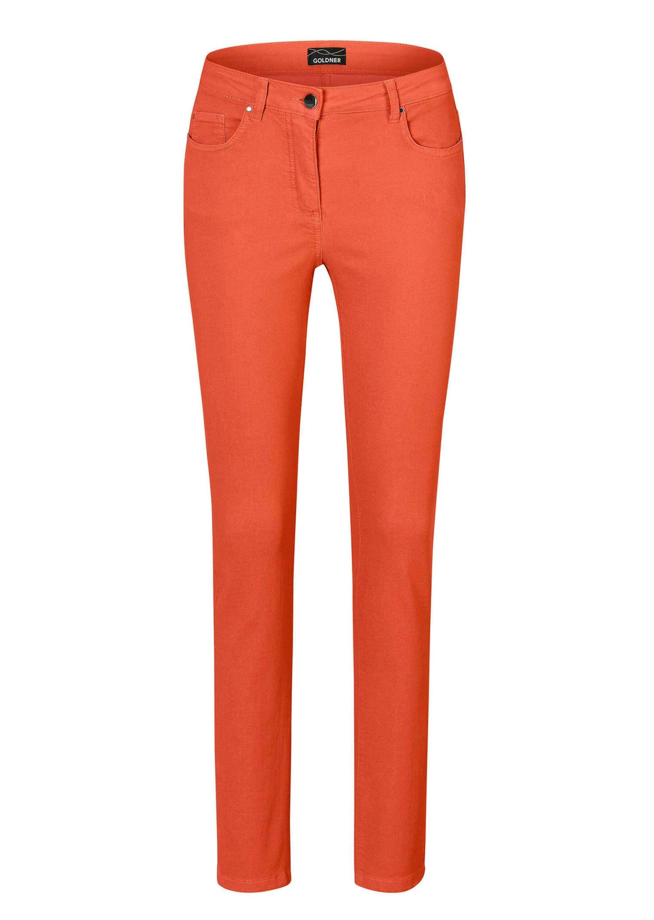 GOLDNER Damen Regular-fit-Jeans "Kurzgröße Lange Freizeithose BELLA mit Formbund", rot, Gr. 21, Obermaterial: 65% Baumwolle CO. 31% Polyester PES. 4%