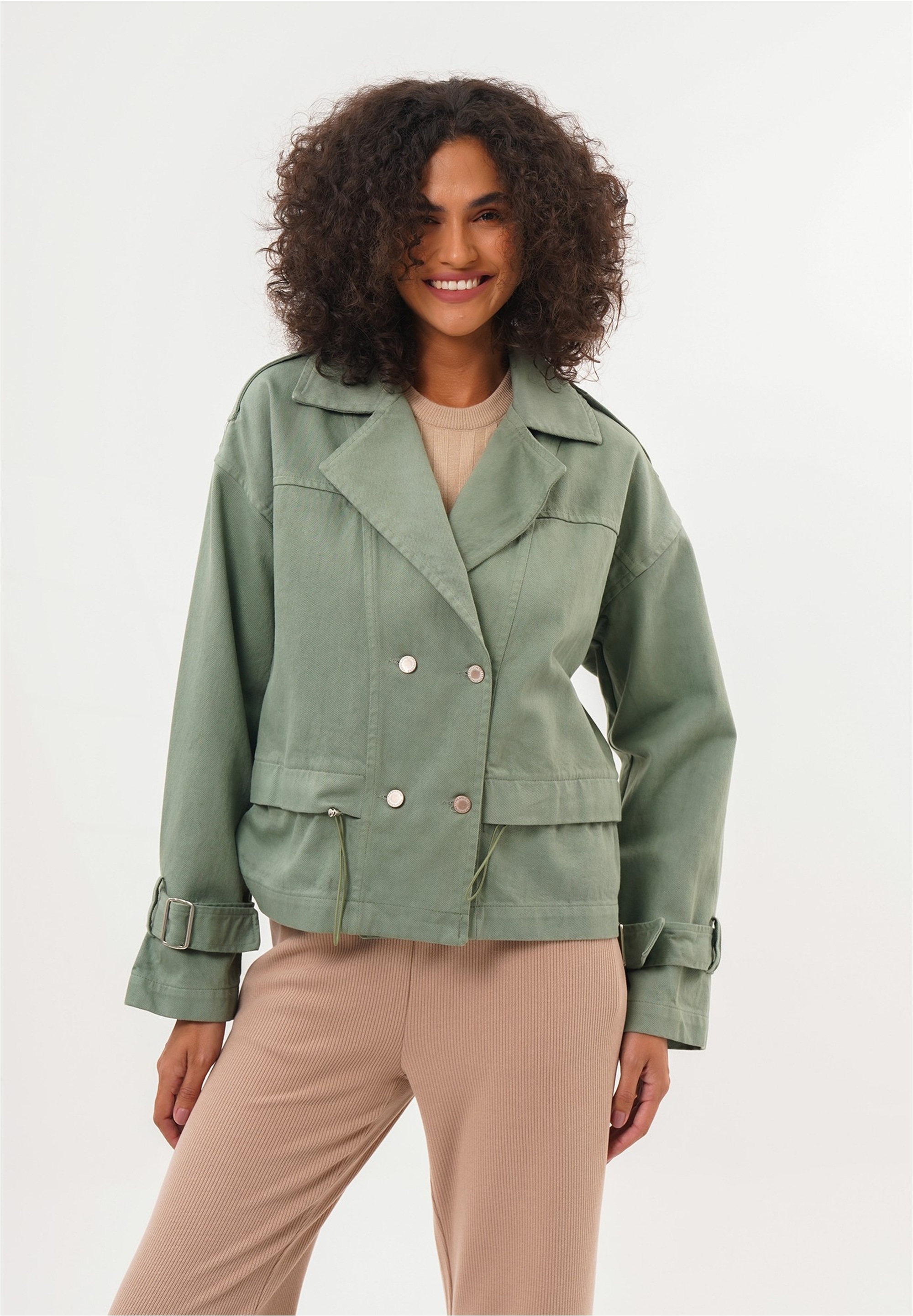 Trenchcoat FRESHLIONS "Helena", Damen, Gr. L, braun (khaki), 100% Baumwolle, unifarben, normal, Mäntel, mit stylischem Reverskragen