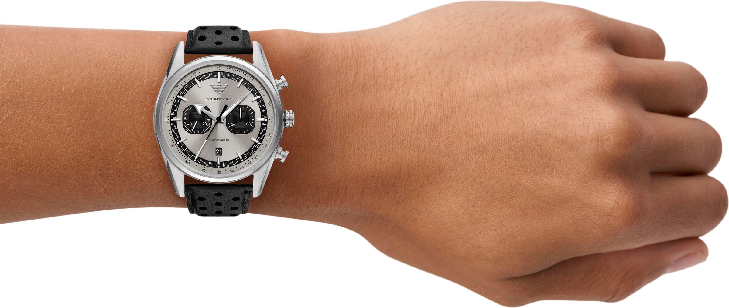 Emporio Armani Chronograph, Quarzuhr, Armbanduhr, Herrenuhr, Lederarmband, analog, Tag