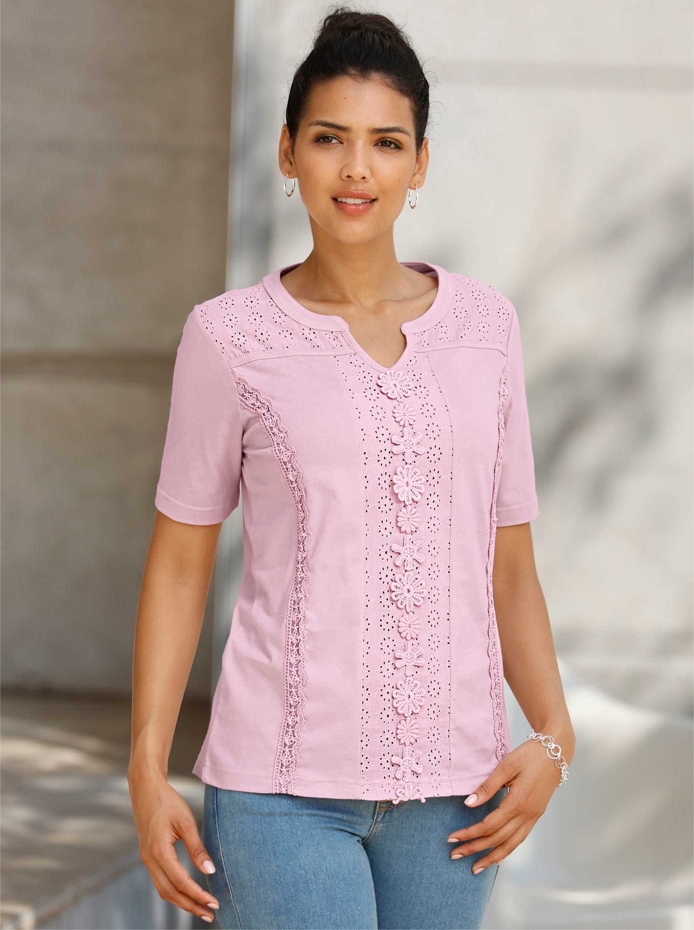 Kurzarmshirt CLASSIC BASICS "Kurzarm-Shirt", Damen, Gr. 38, rosa (rosé), 100% Baumwolle, Spitze:100% Baumwolle, Webware:100% Baumwolle, unifarben, Rundhals, Shirts