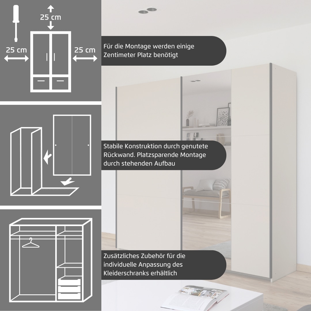 rauch Schwebetürenschrank »Kleiderschrank Drehtürenschrank Schrank Garderobe KRONACH TOPSELLER« in 3 Ausstattungen BASIC/CLASSIC/PREMIUM, Breiten 131/175/218/261 cm,  optional ohne, mit 1 oder 2 Spiegel, viel Stauraum MADE IN GERMANY