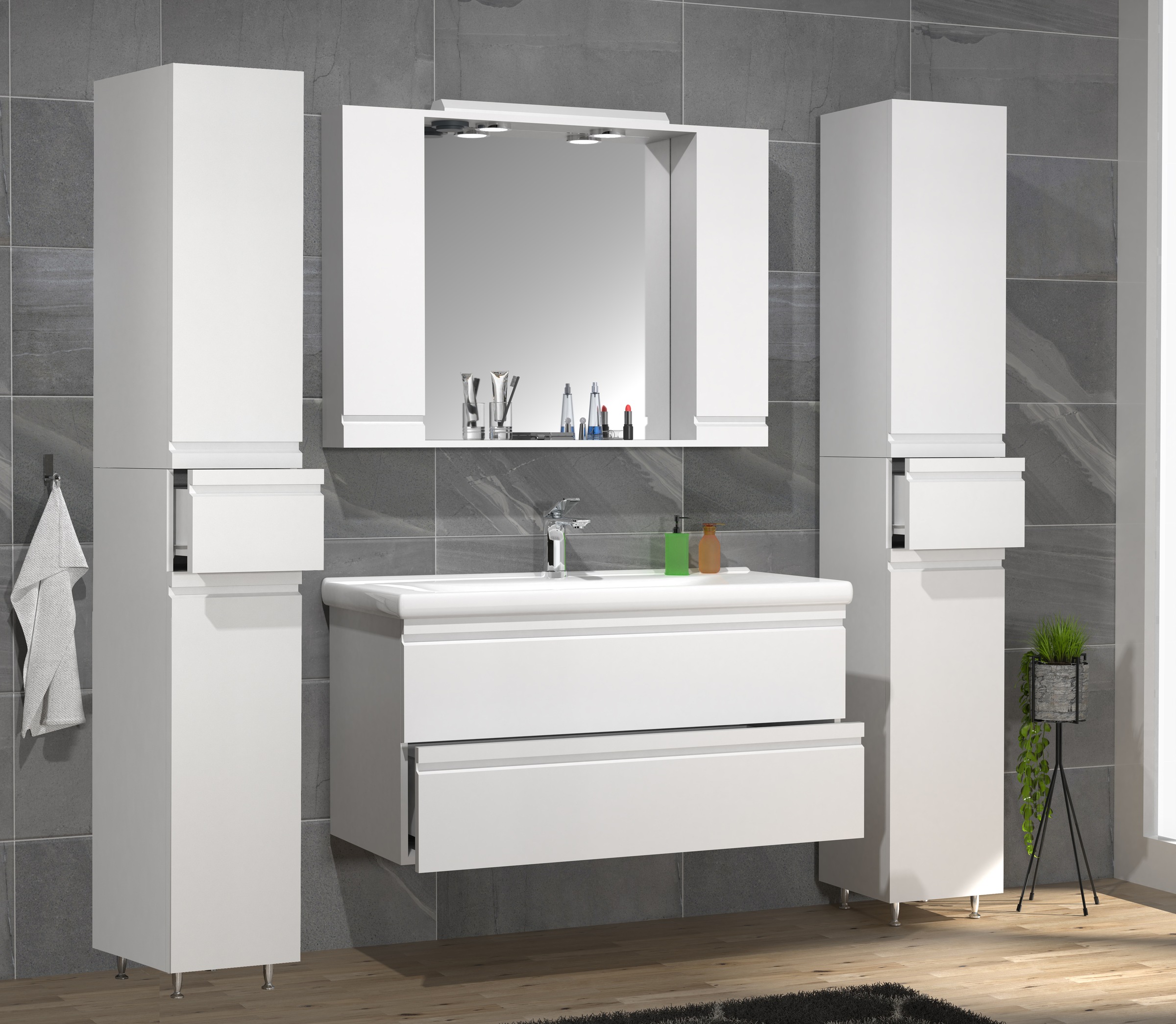 VCM Waschbeckenunterschrank »VCM 5-tlg. Waschplatz Waschtisch 100 cm Badmöbel Set Waschbecken grifflose Schublade Spiegelschrank Hochschrank Silora XL« 5 Stk. tlg.