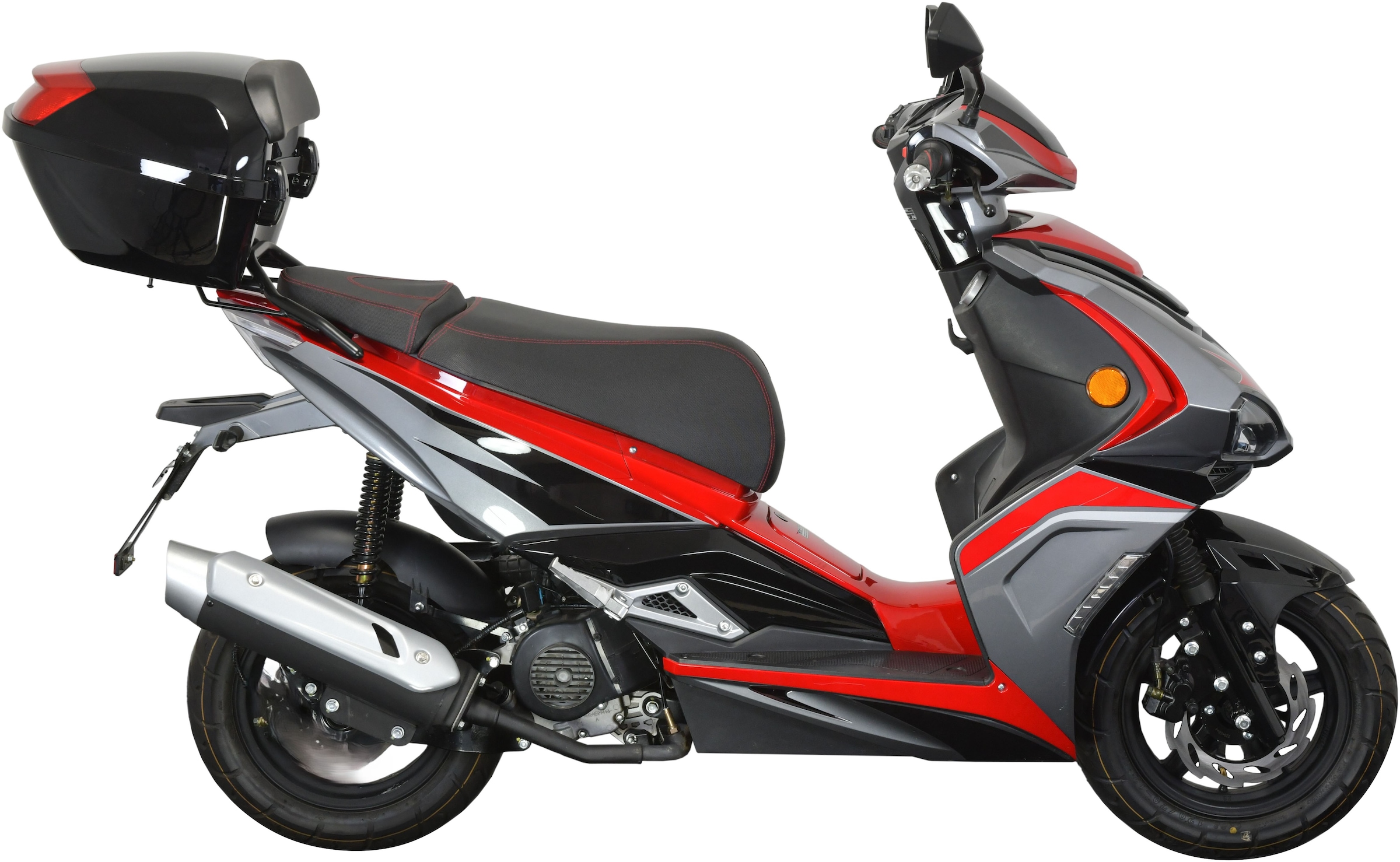 GT UNION Motorroller »Striker mattschwarz mit Dekor«, 50 cm³, 45 km/h, Euro 5, 3 PS, (Set, mit Topcase), mit Lenkerschloss