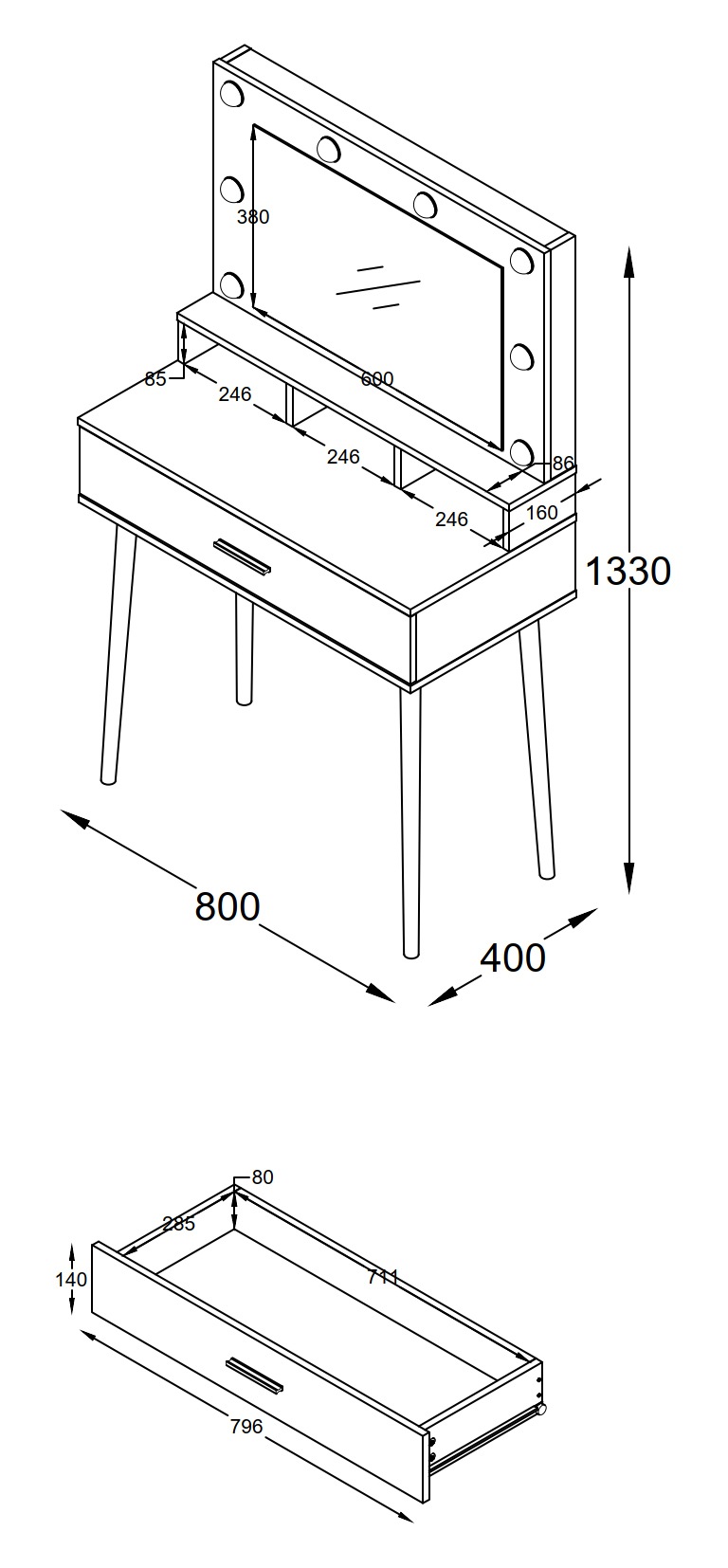 VCM Schminkschrank »Lindas«, Frisiertisch | Maße ca. H. 133 x B. 80 x T. 40 cm | Schminktisch mit Schublade und Spiegel