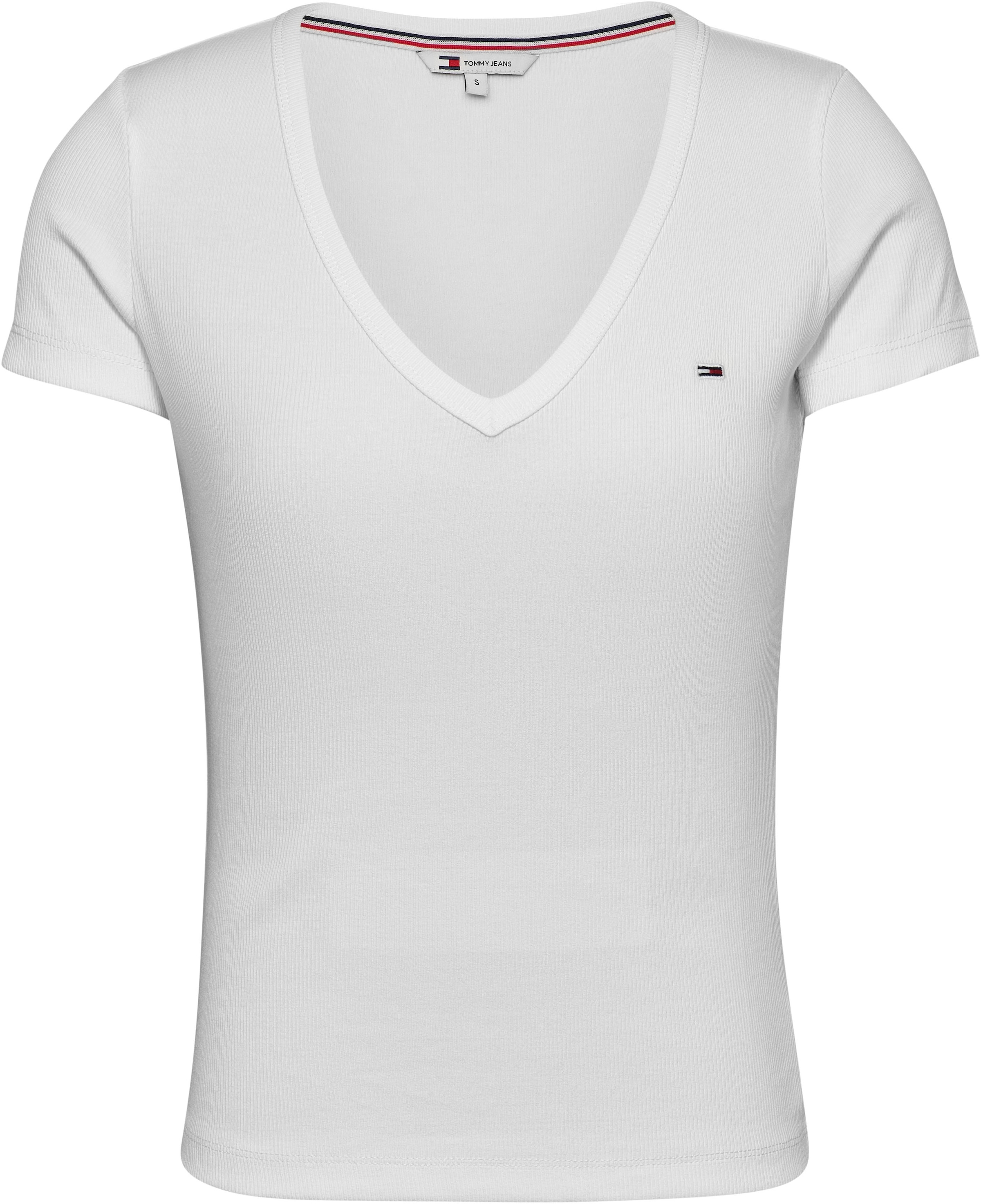 Tommy Jeans T-Shirt »Slim Essential Rib V-Neck Rippshirt«, mit Logostickerei