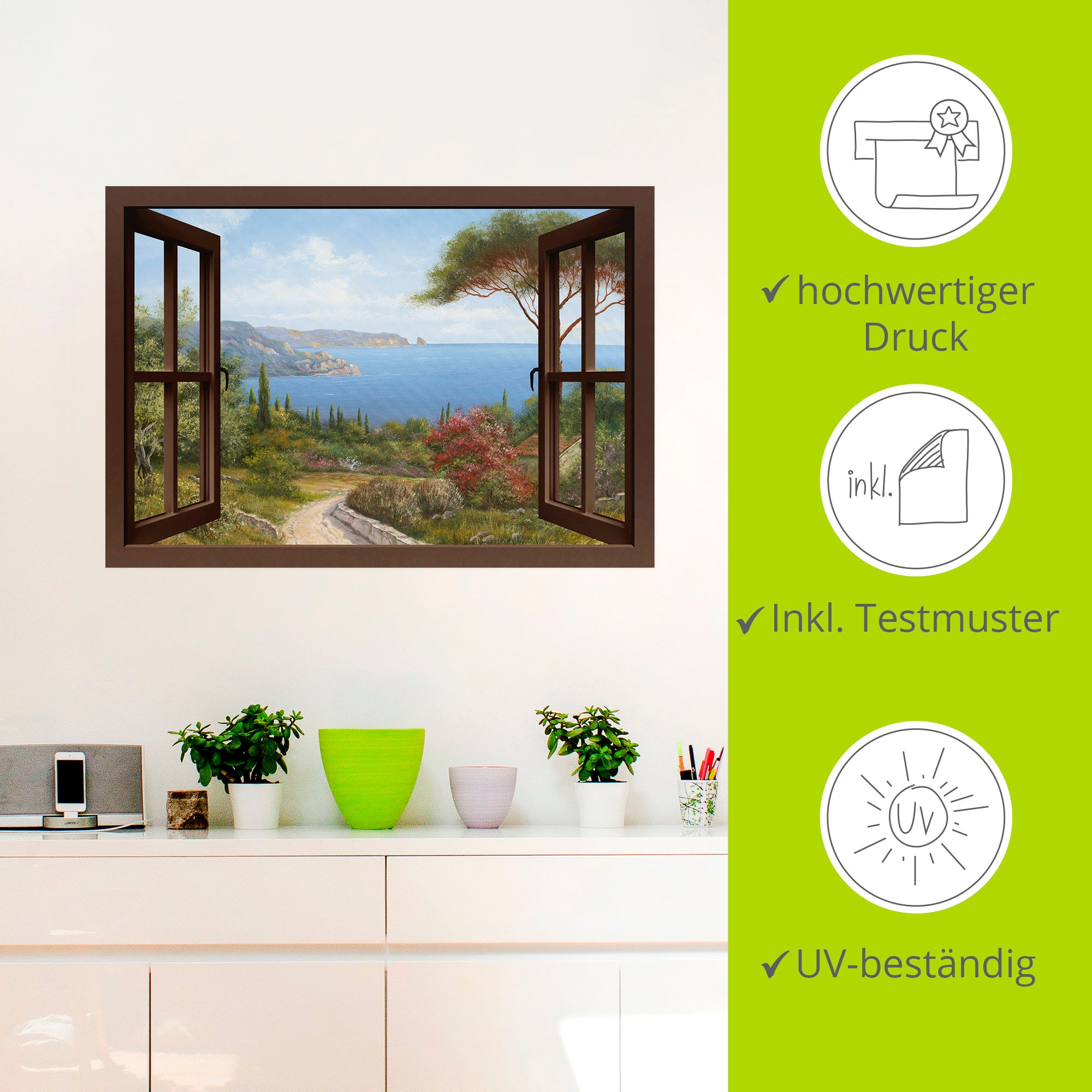 Artland Wandbild »Fensterblick Frühlingsmorgen«, Fensterblick, (1 St.), als Leinwandbild, Poster, Wandaufkleber in verschied. Größen