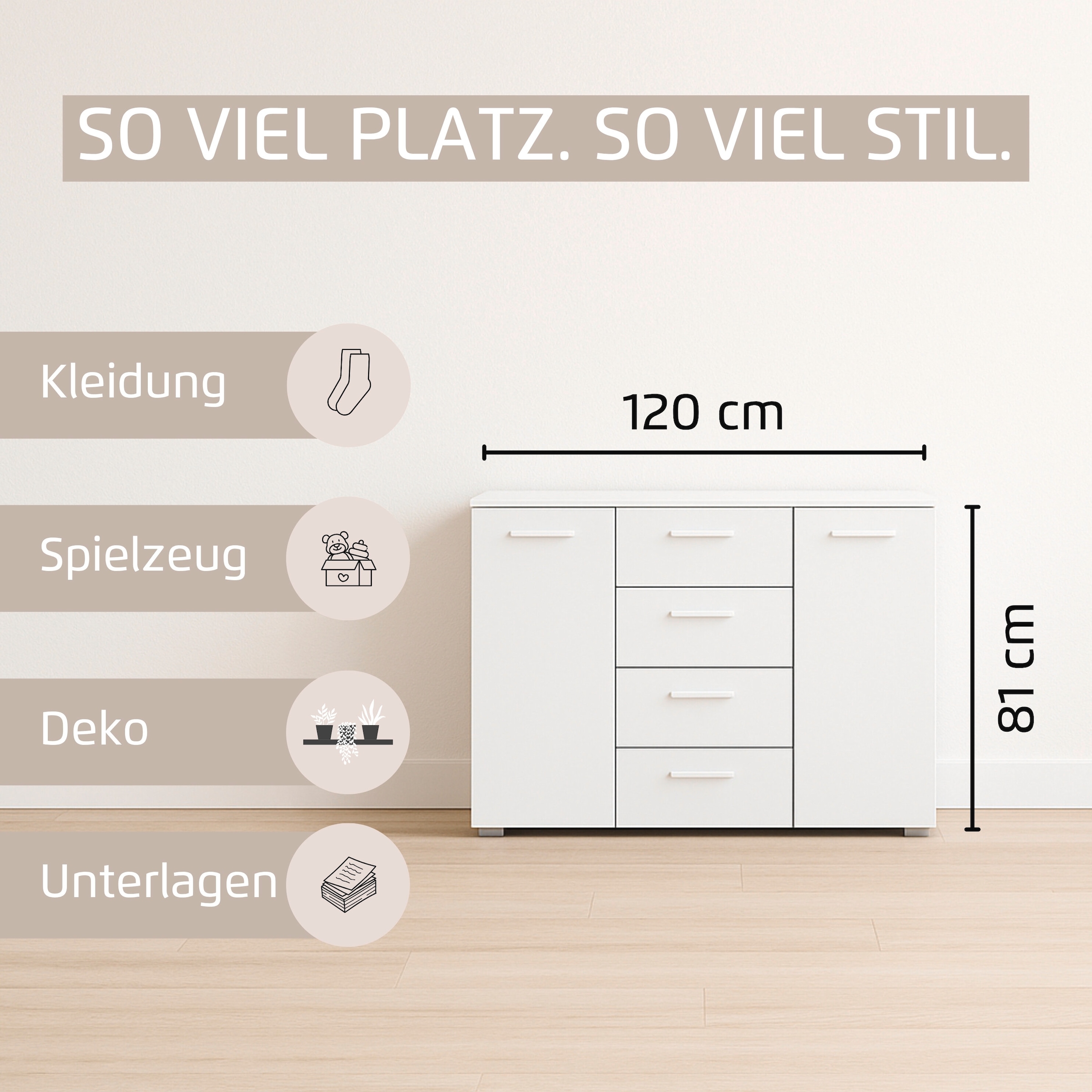 Thumbnail - rauch Kombikommode "Sideboard Schubladenkommode OTELI mit Dekor- und Hochglanzfront" Breite 120 cm inkl. Soft-Close-Funk...